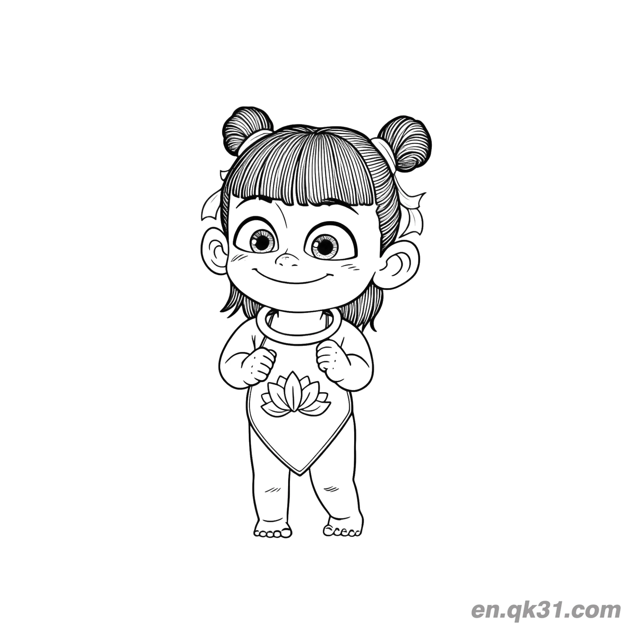 免费 中国新年涂色页：穿莲花服装的女孩 简笔画涂色页