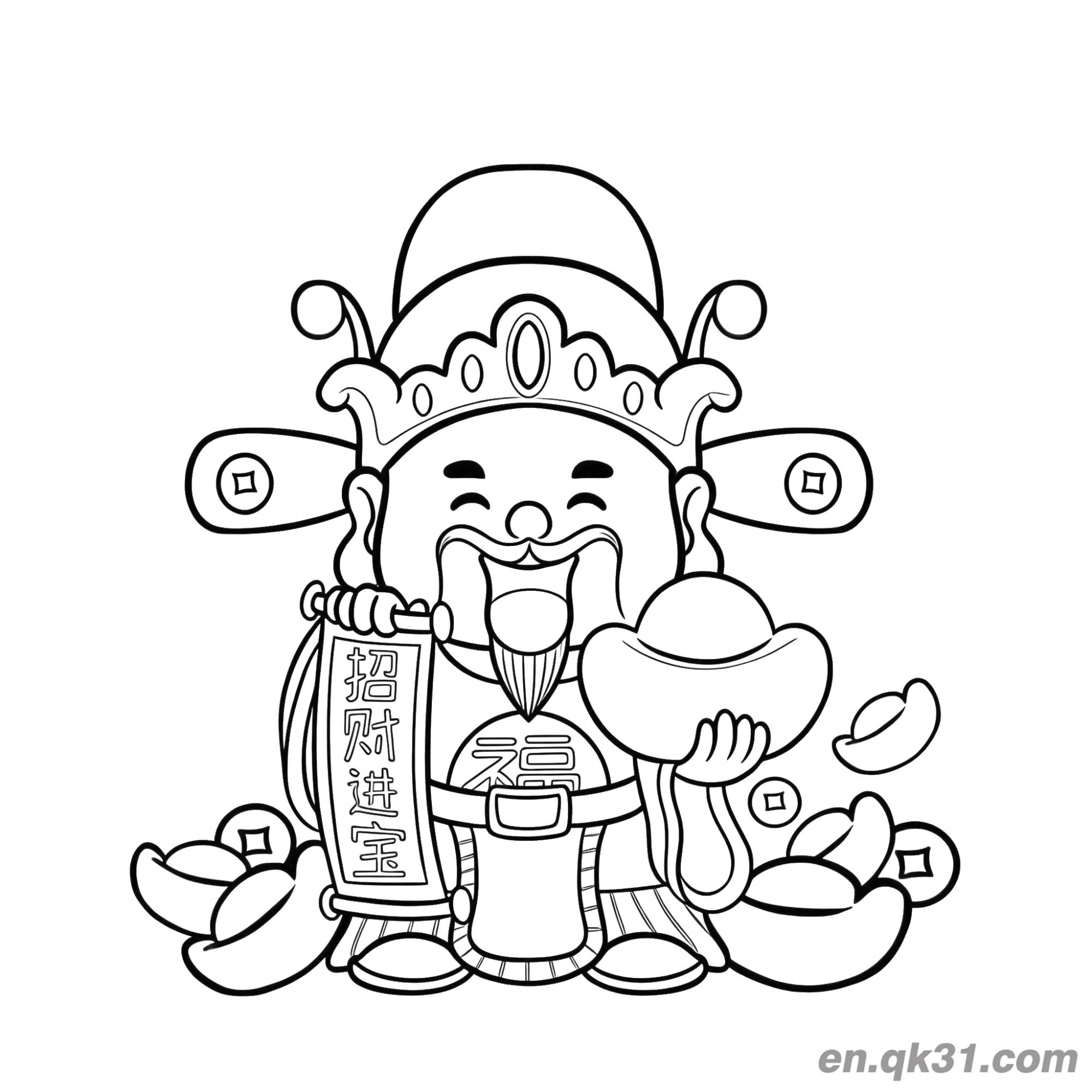 免费 中国新年涂色页：财神和财富卷轴 简笔画涂色页
