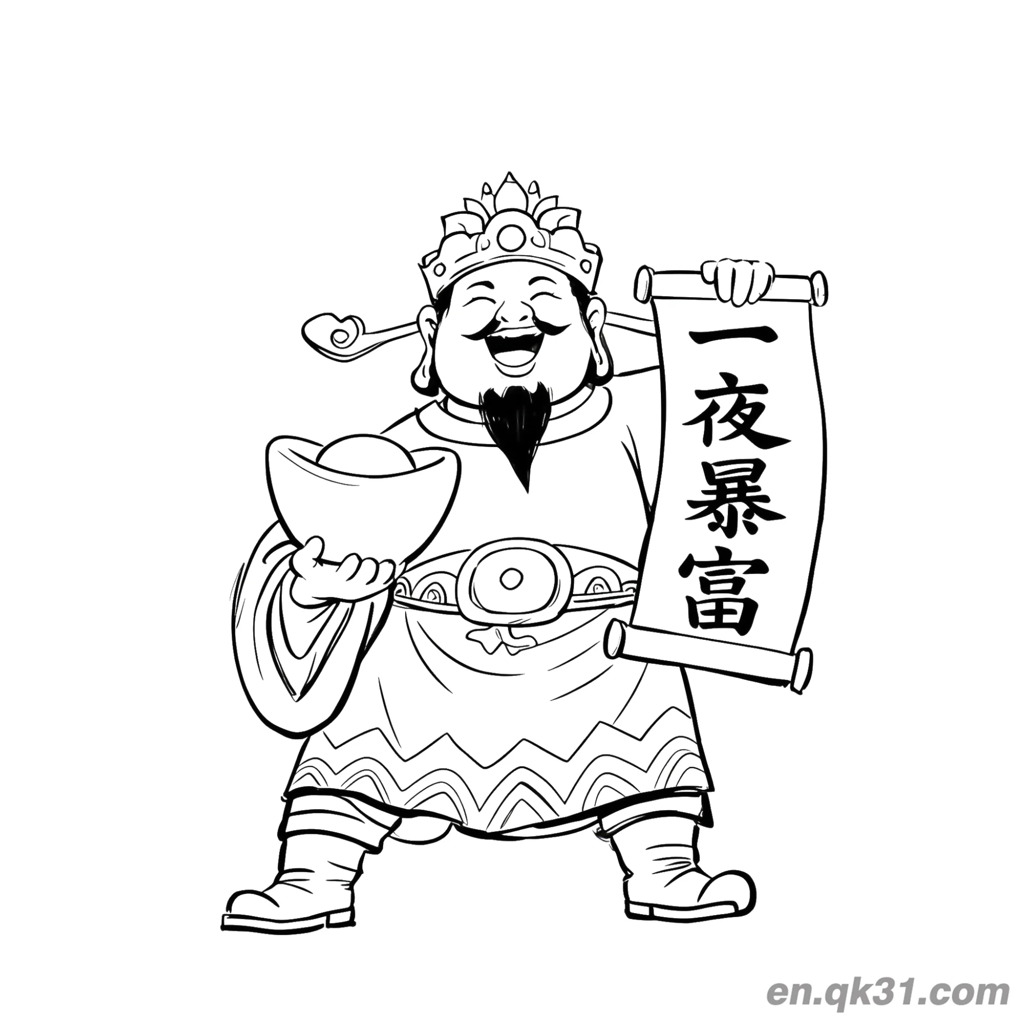 免费 中国新年涂色页：财神和一夜暴富卷轴 简笔画涂色页