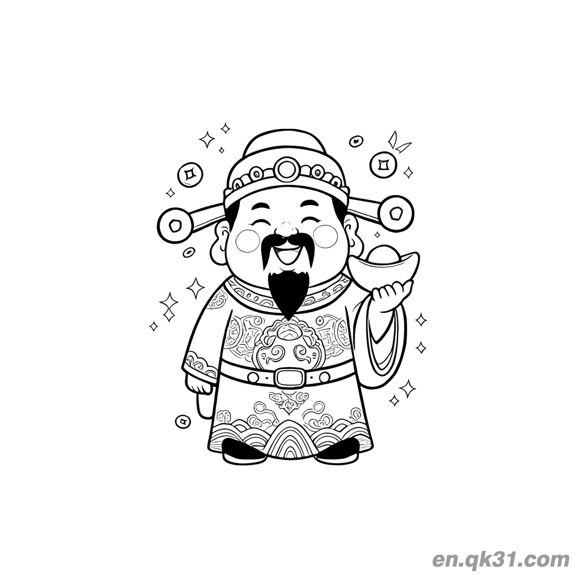 免费 中国新年涂色页：财神和金元宝 简笔画涂色页