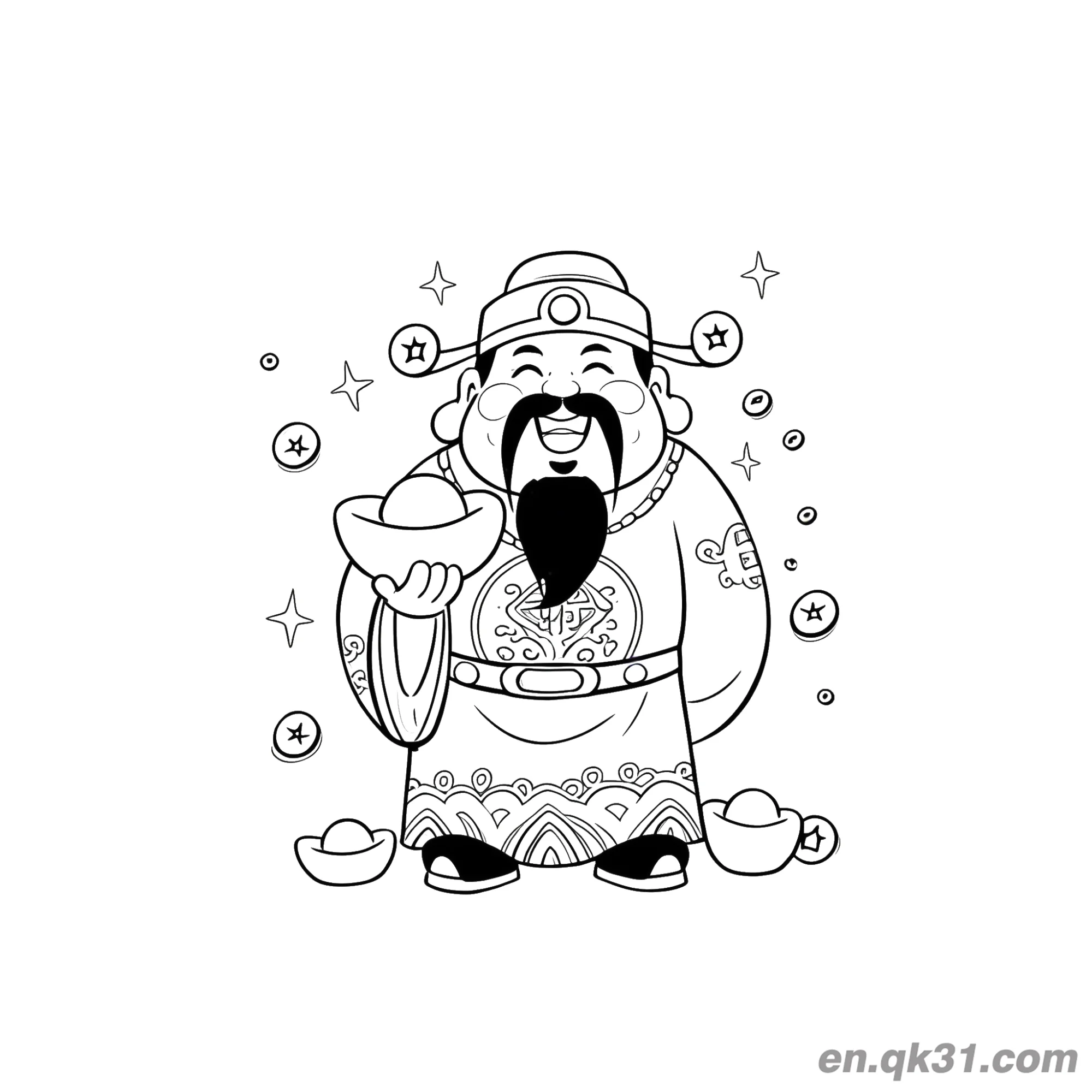 免费 中国新年涂色页：财神和金元宝堆 简笔画涂色页