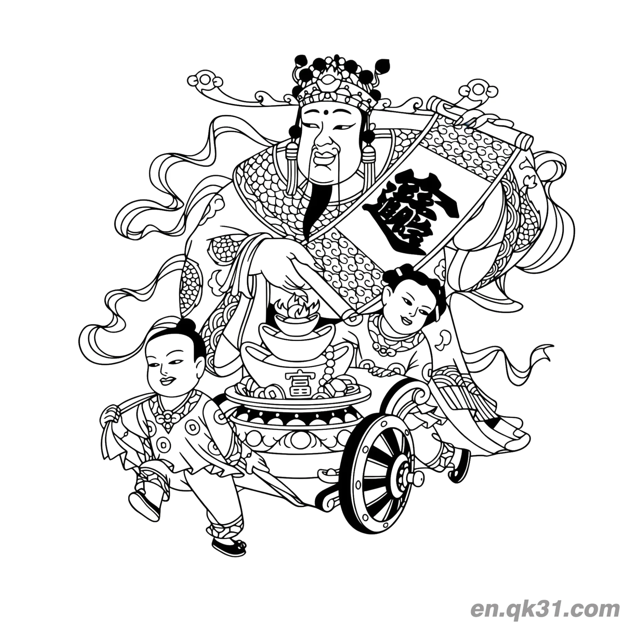 免费 中国新年涂色页：财神和财宝车 简笔画涂色页