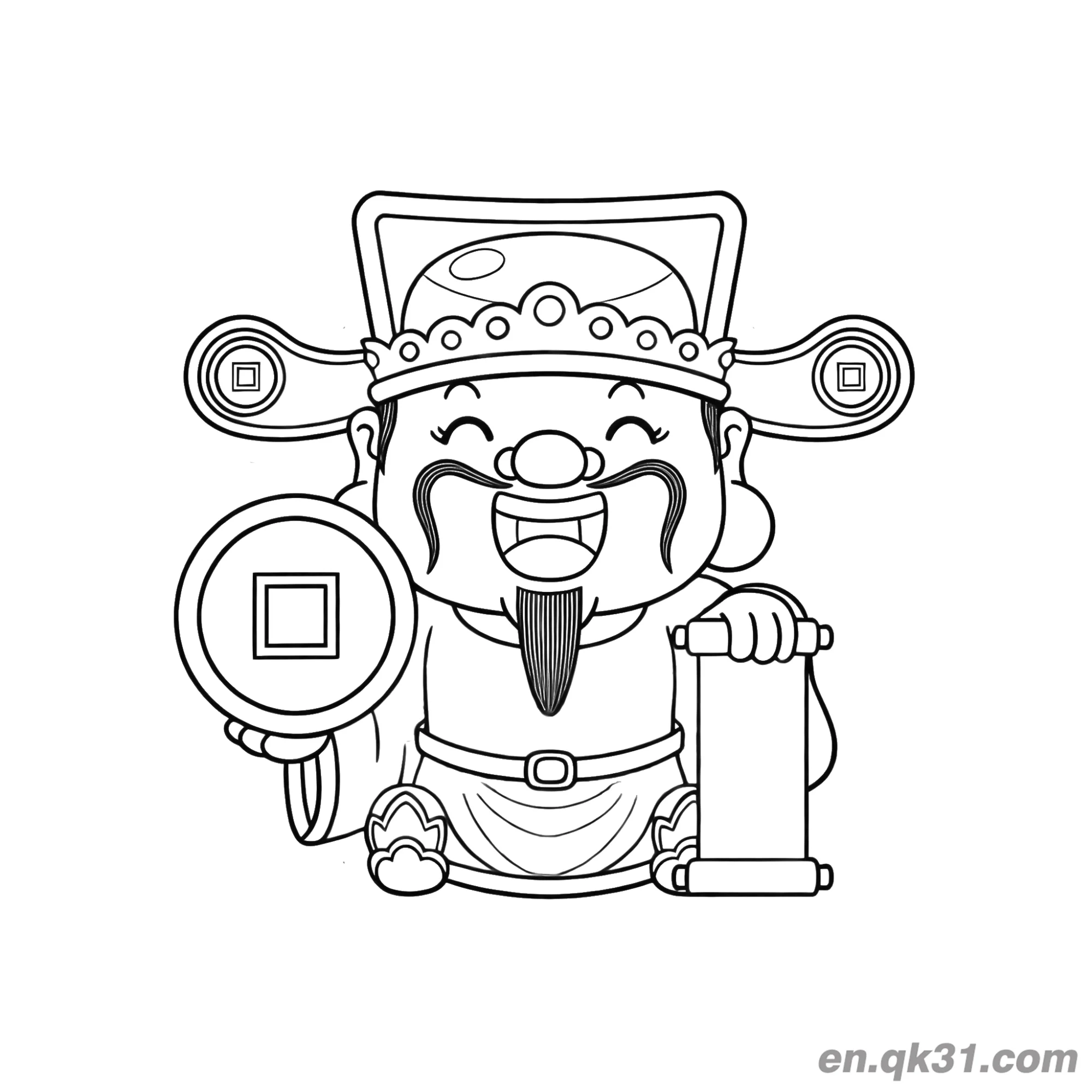 免费 中国新年涂色页：财神手持硬币和卷轴 简笔画涂色页