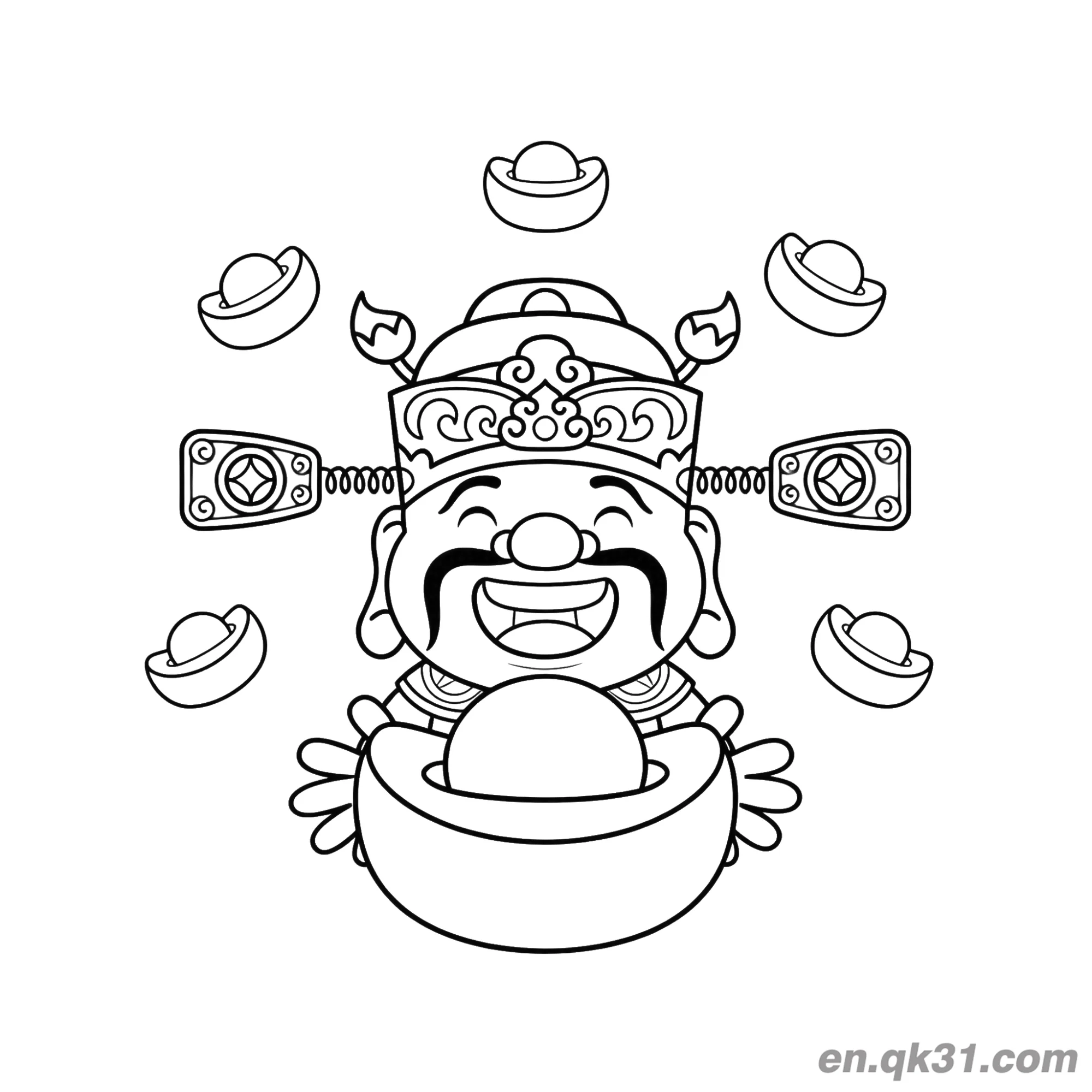 免费 中国新年涂色页：财神手持金元宝和散落元宝 简笔画涂色页
