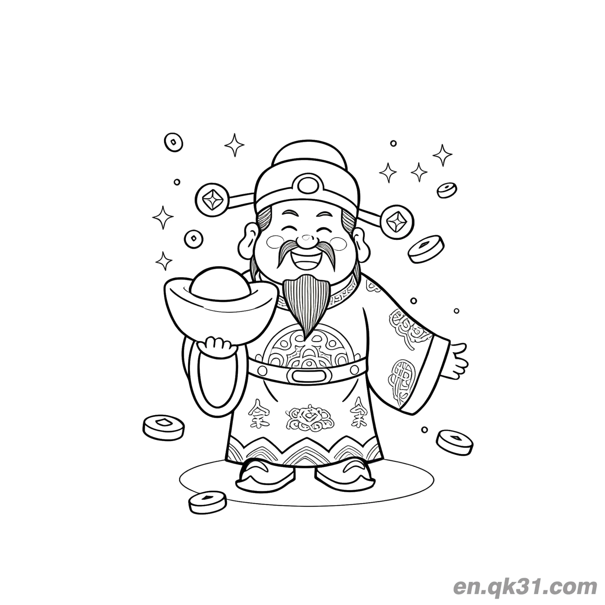 免费 中国新年涂色页：财神散落硬币 简笔画涂色页