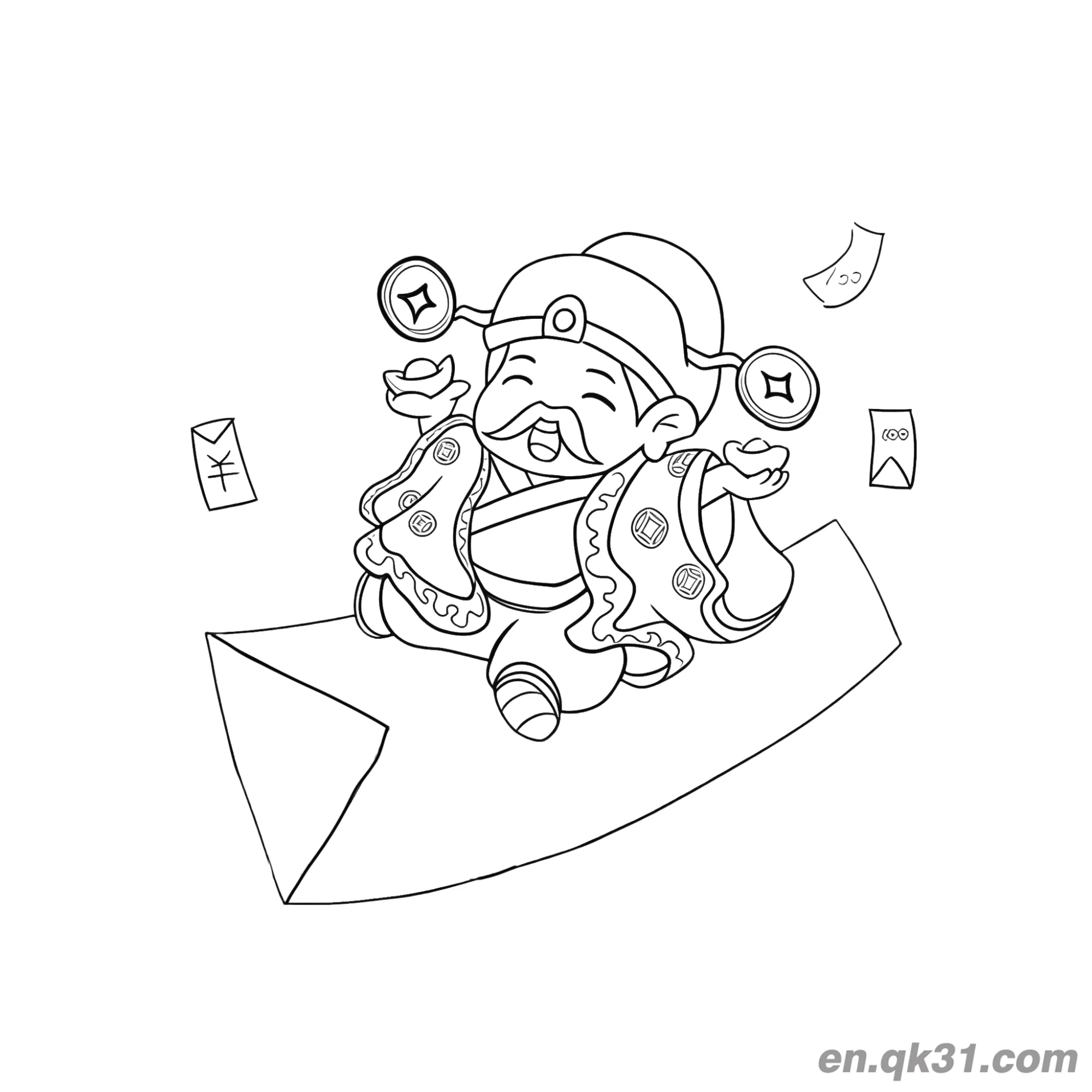 免费 中国新年涂色页：财神散落钱财 简笔画涂色页