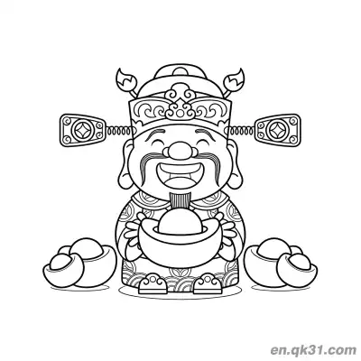中国新年涂色页：财神坐着手持金元宝 – 免费可打印简笔画涂色画