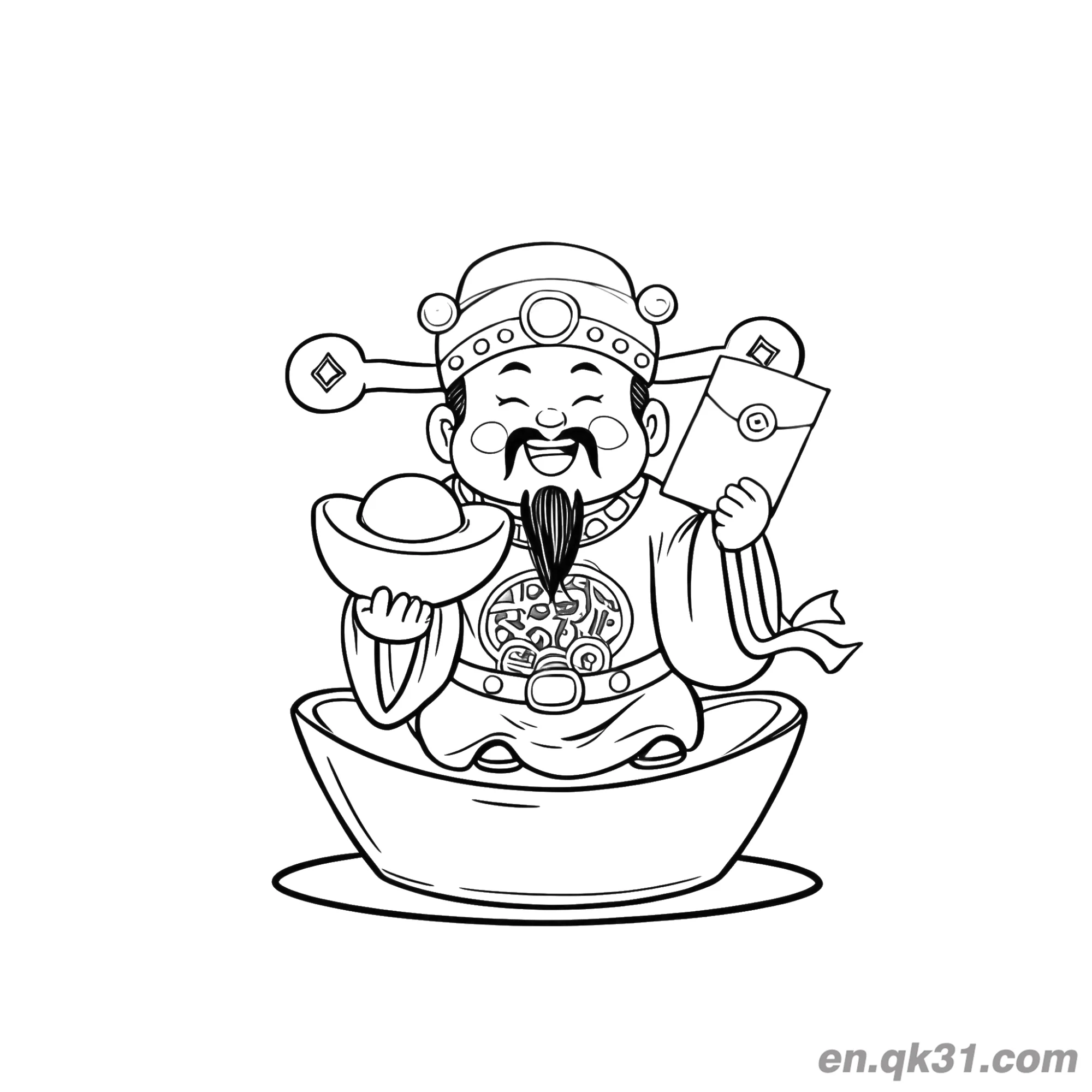 免费 中国新年涂色页：财神坐在金元宝上手持红包 简笔画涂色页