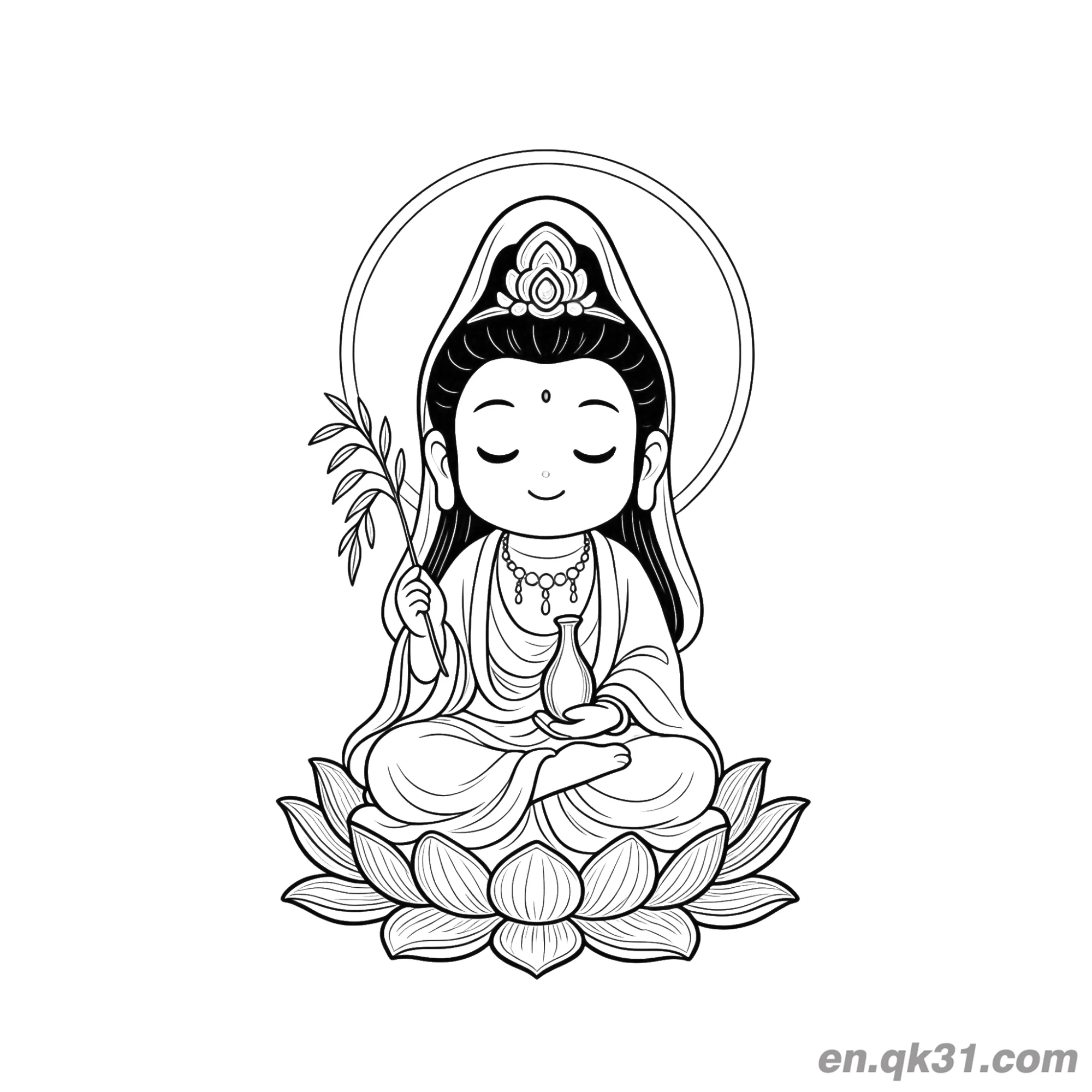 免费 中国新年涂色页：观音手持柳枝坐在莲花上 简笔画涂色页