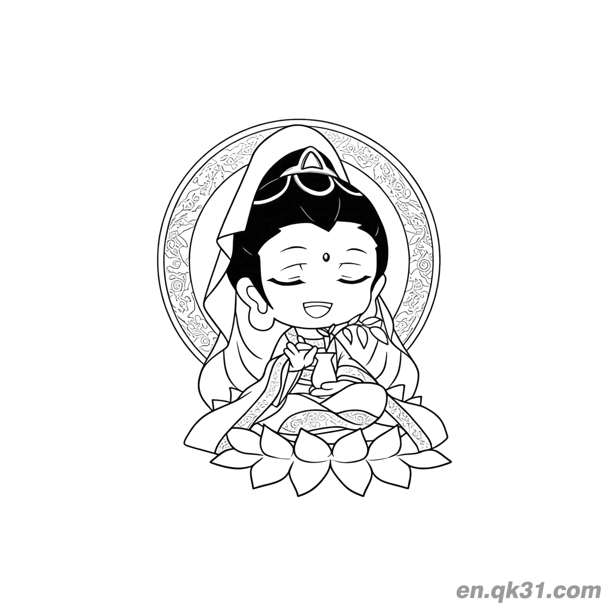 免费 中国新年涂色页：观音坐在莲花上有光环 简笔画涂色页