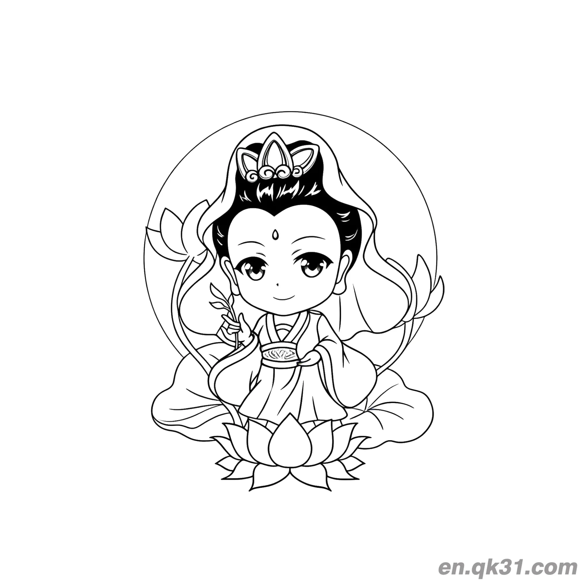 免费 中国新年涂色页：观音坐在莲花宝座上 简笔画涂色页