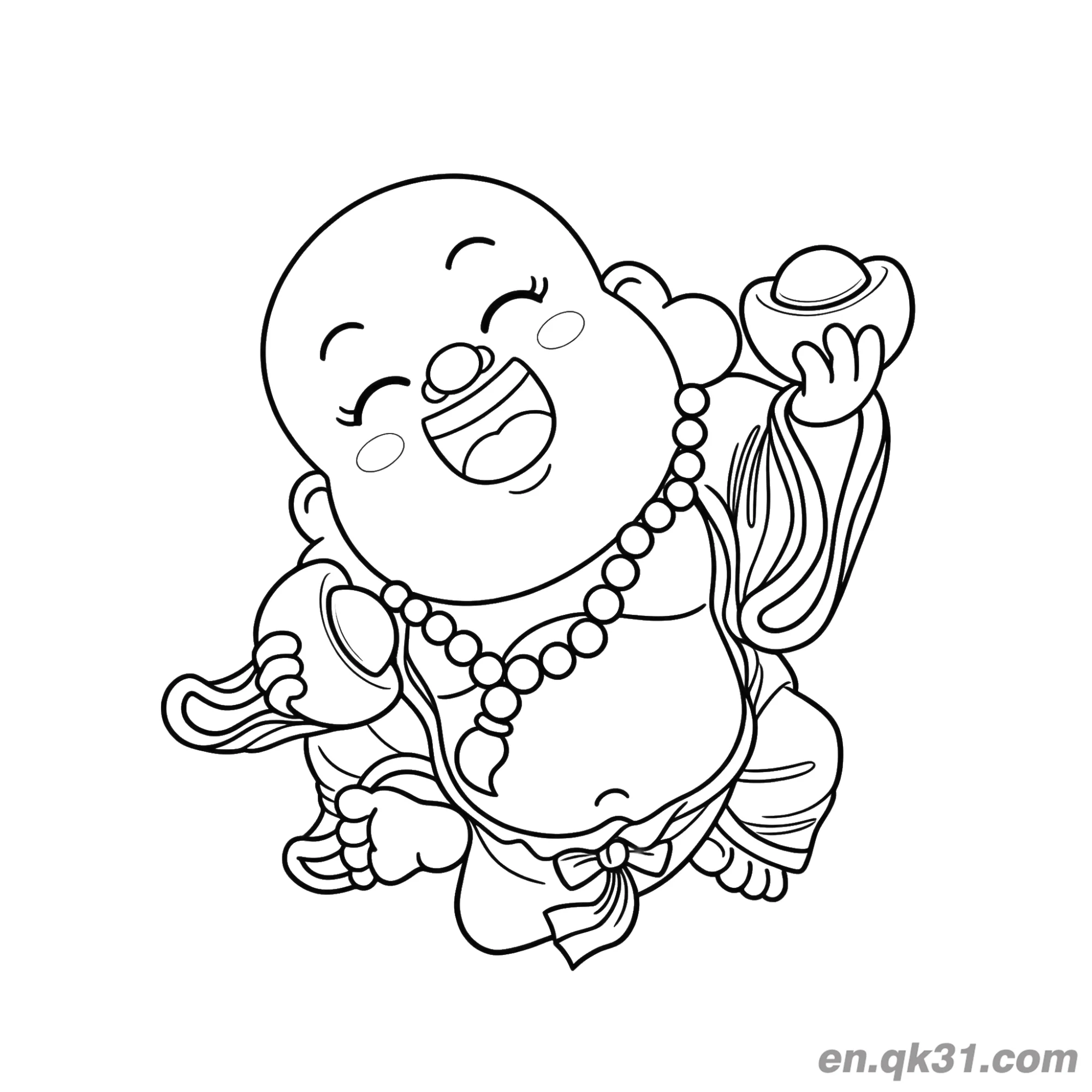 中国新年涂色页：快乐佛和金元宝简笔画涂色画 – 为儿童和成人提供的免费可打印简笔画涂色画