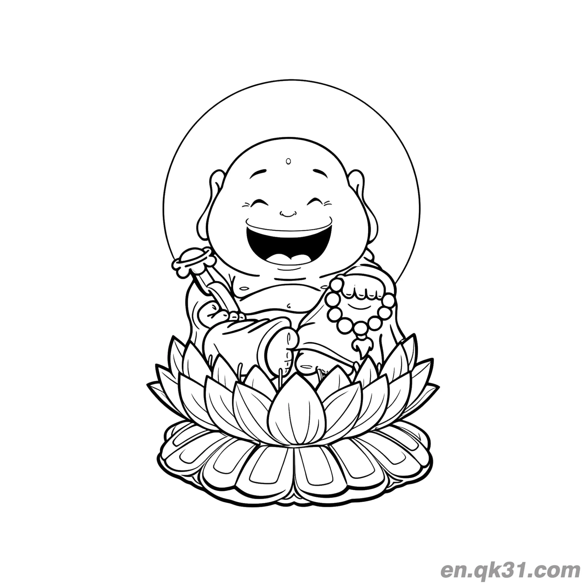 免费 中国新年涂色页：快乐佛坐在莲花上手持如意和念珠 简笔画涂色页