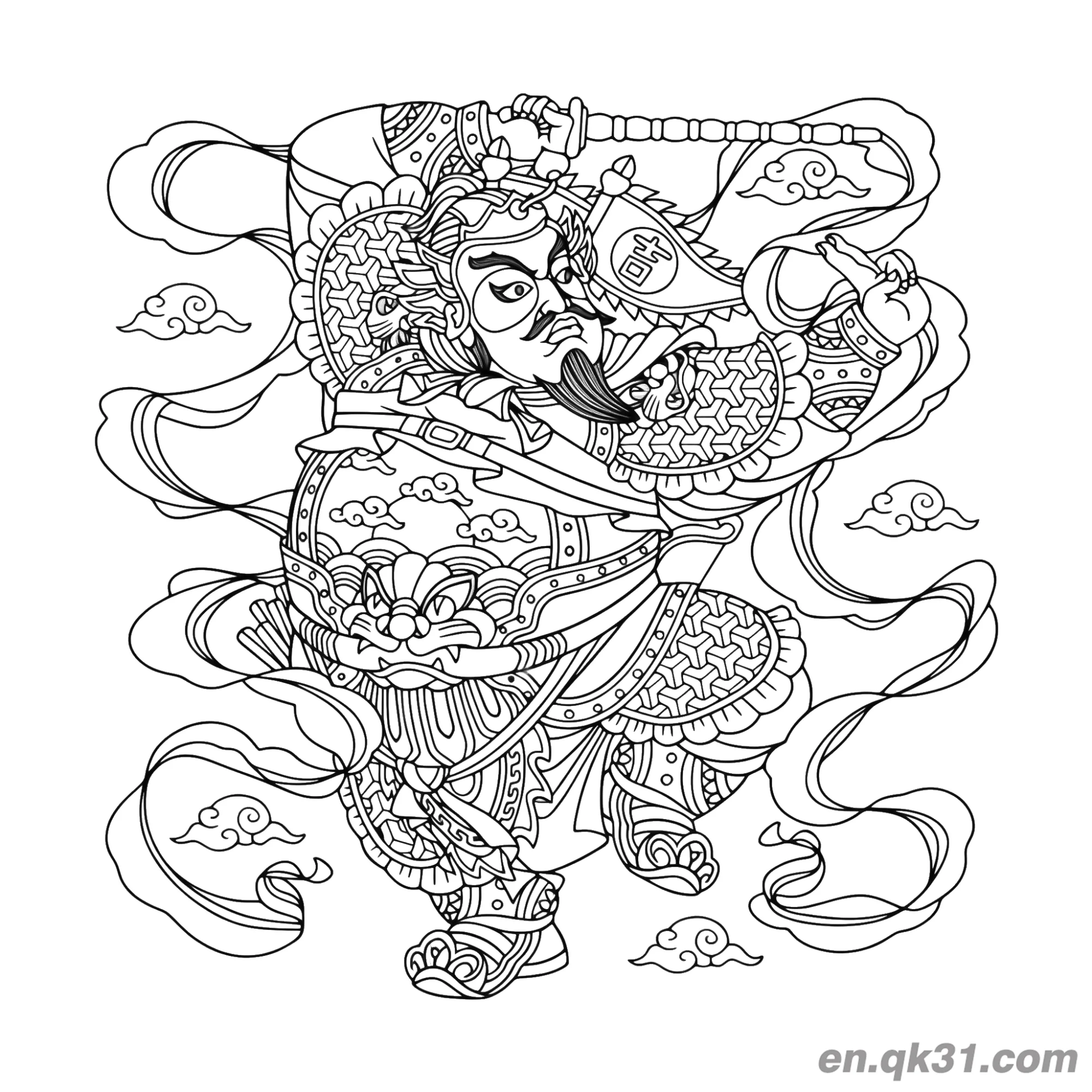 免费 中国新年涂色页：复杂门神图案 简笔画涂色页