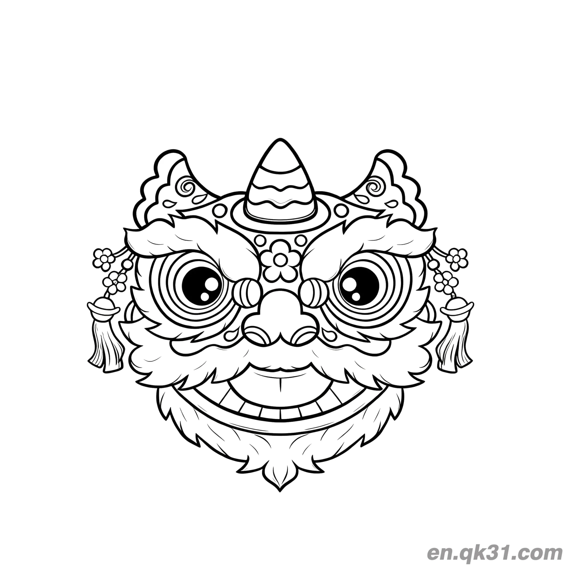 免费 中国新年涂色页：复杂舞狮头 简笔画涂色页