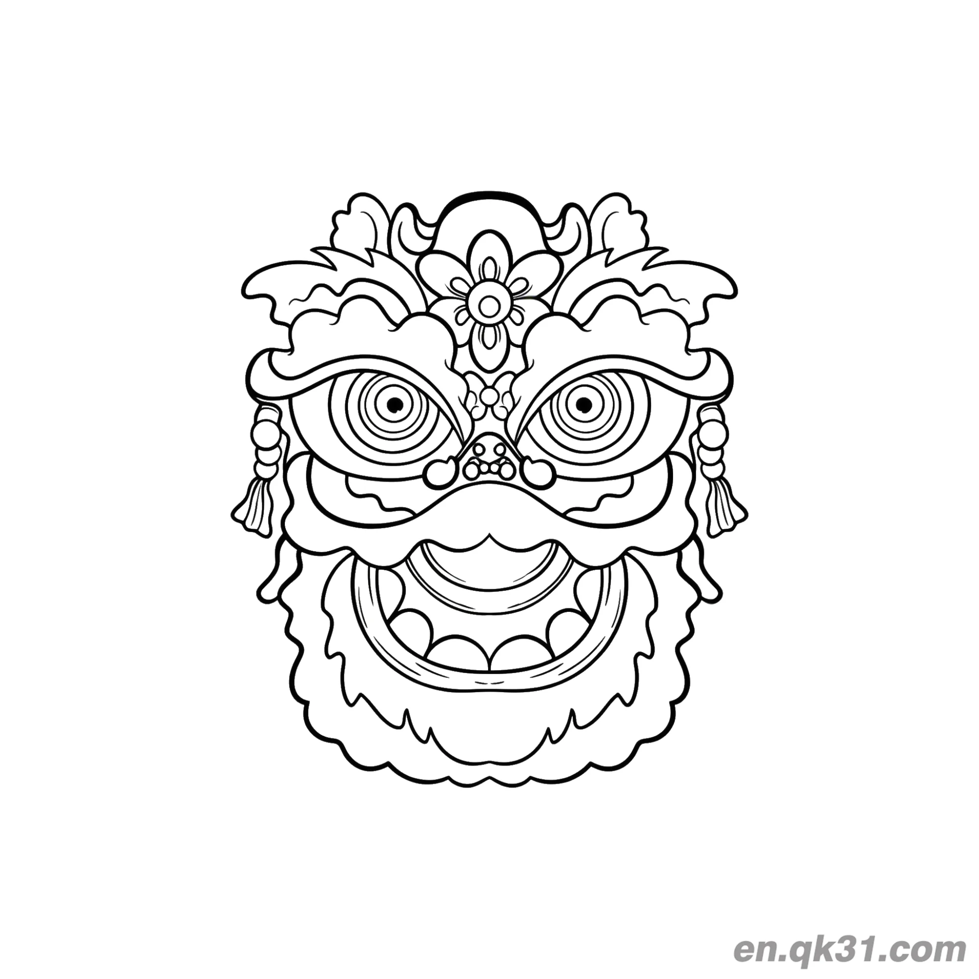免费 中国新年涂色页：复杂图案舞狮头 简笔画涂色页
