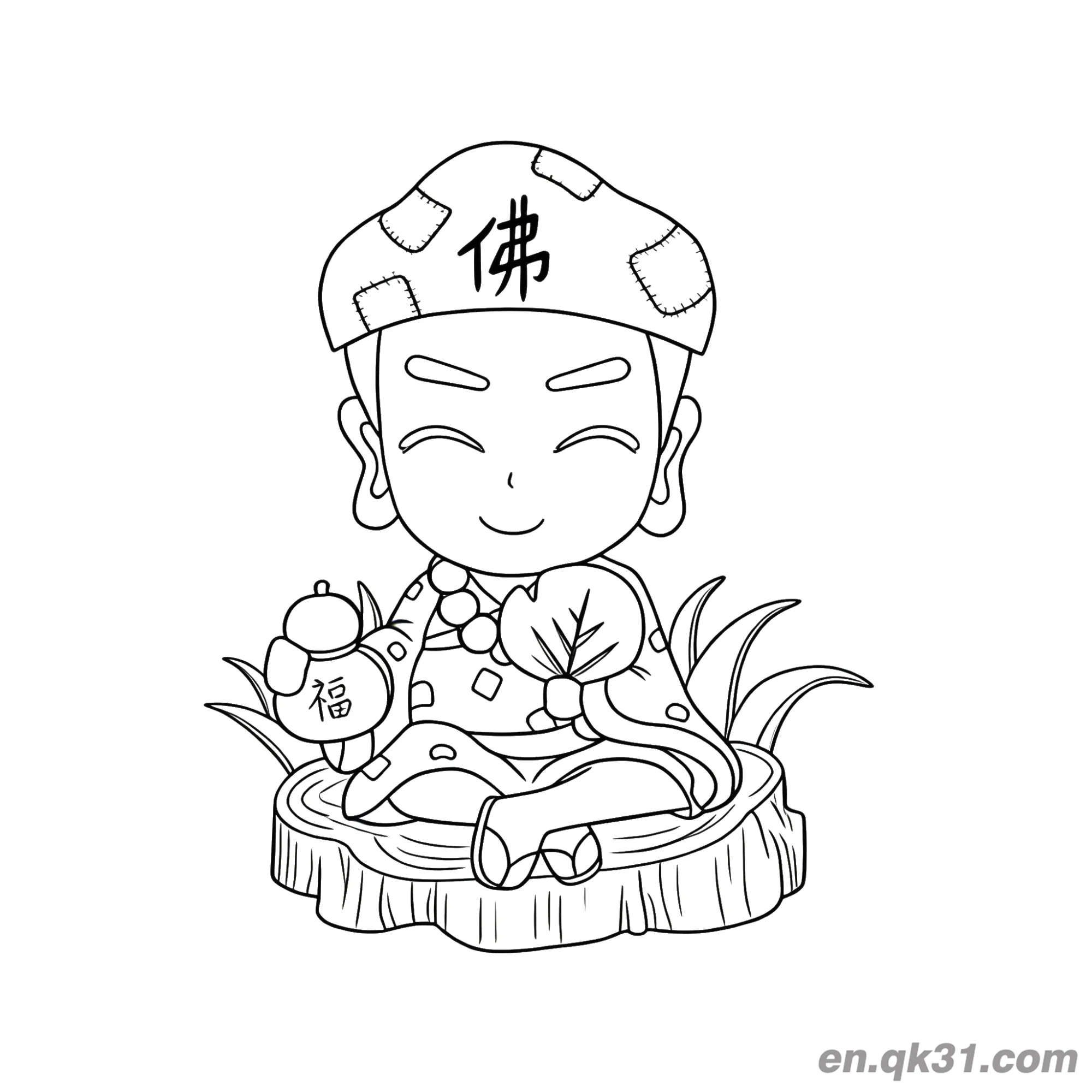 免费 中国新年涂色页：济公坐在树桩上 简笔画涂色页
