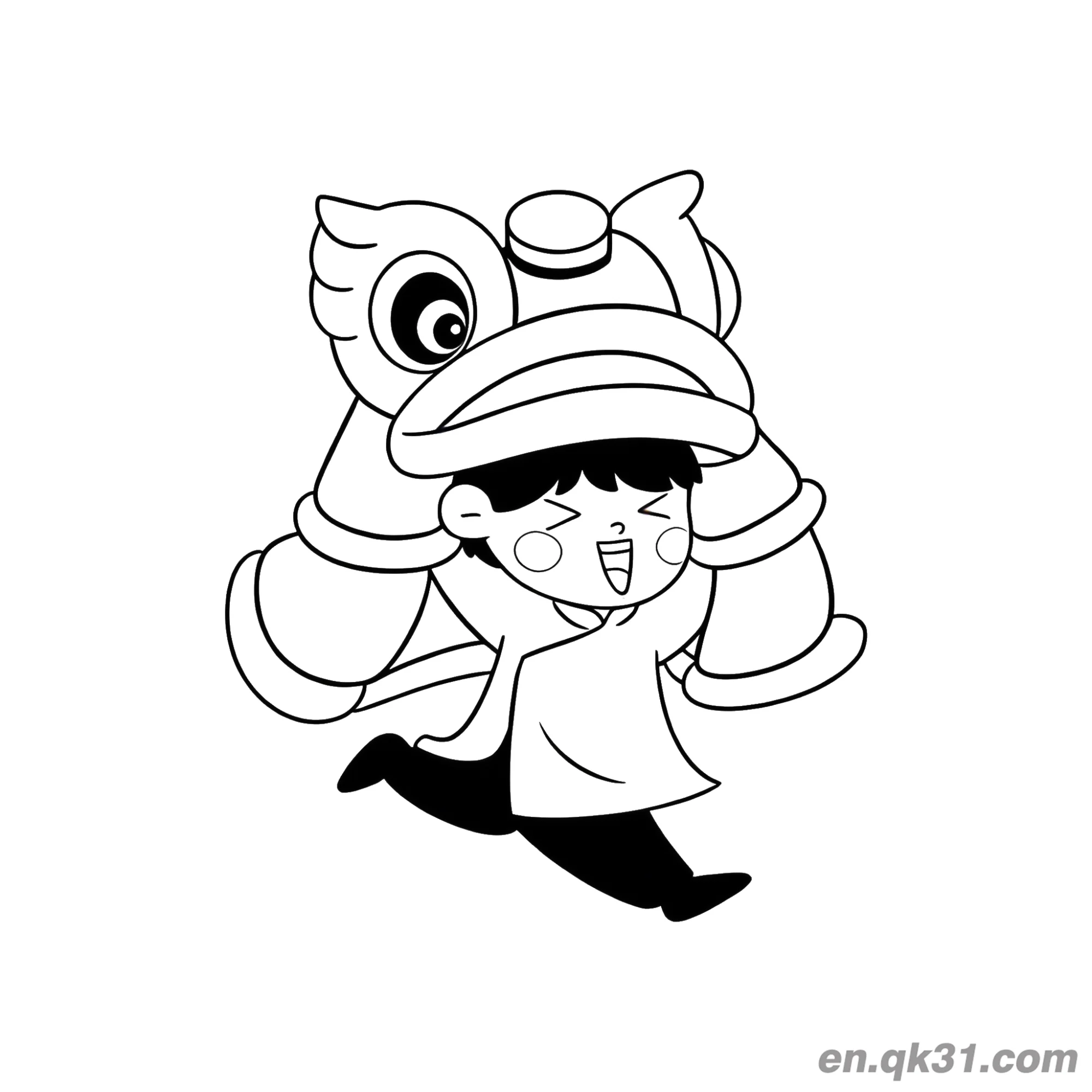 免费 中国新年涂色页：小孩在舞狮头中跳舞 简笔画涂色页