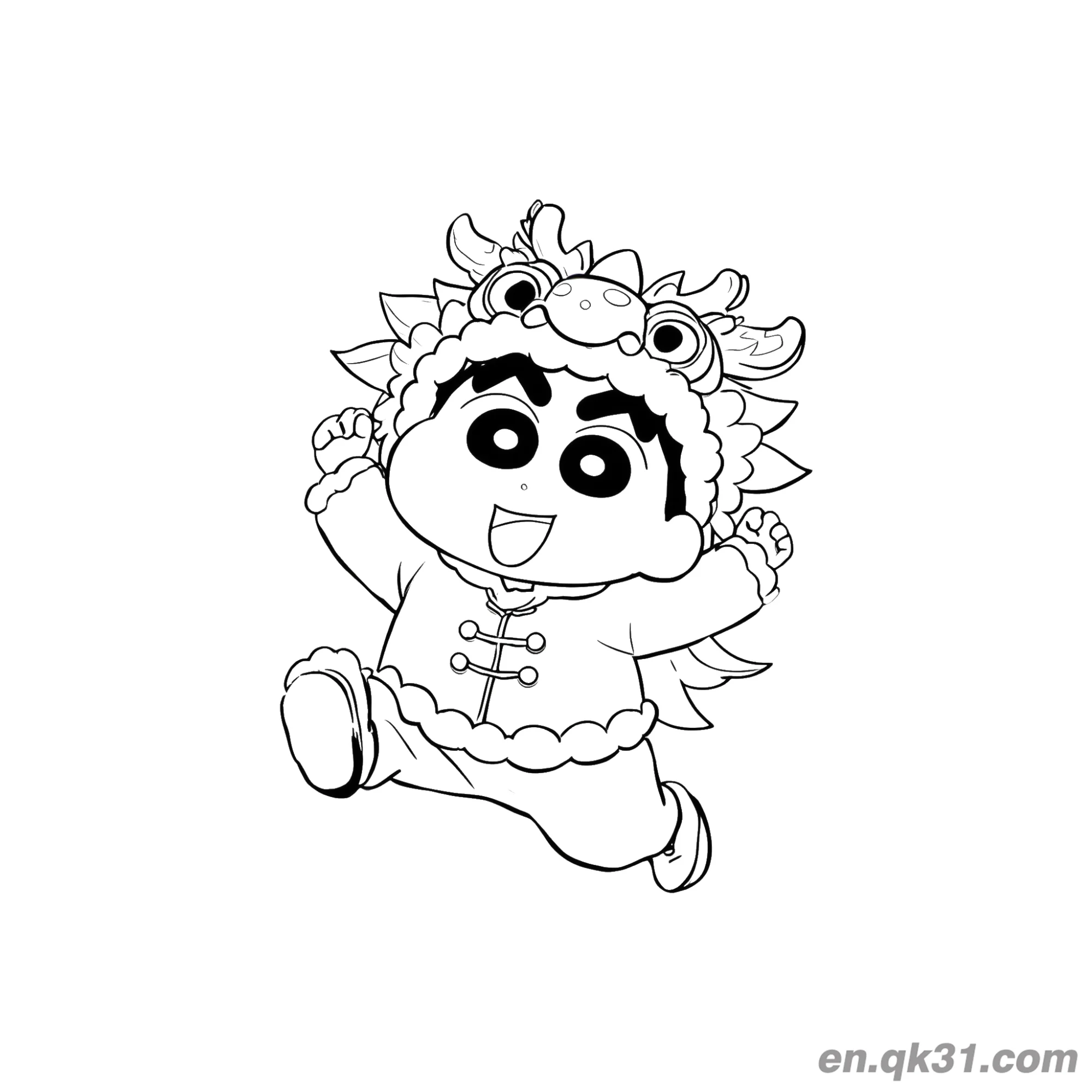 免费 中国新年涂色页：小孩穿舞狮服装 简笔画涂色页