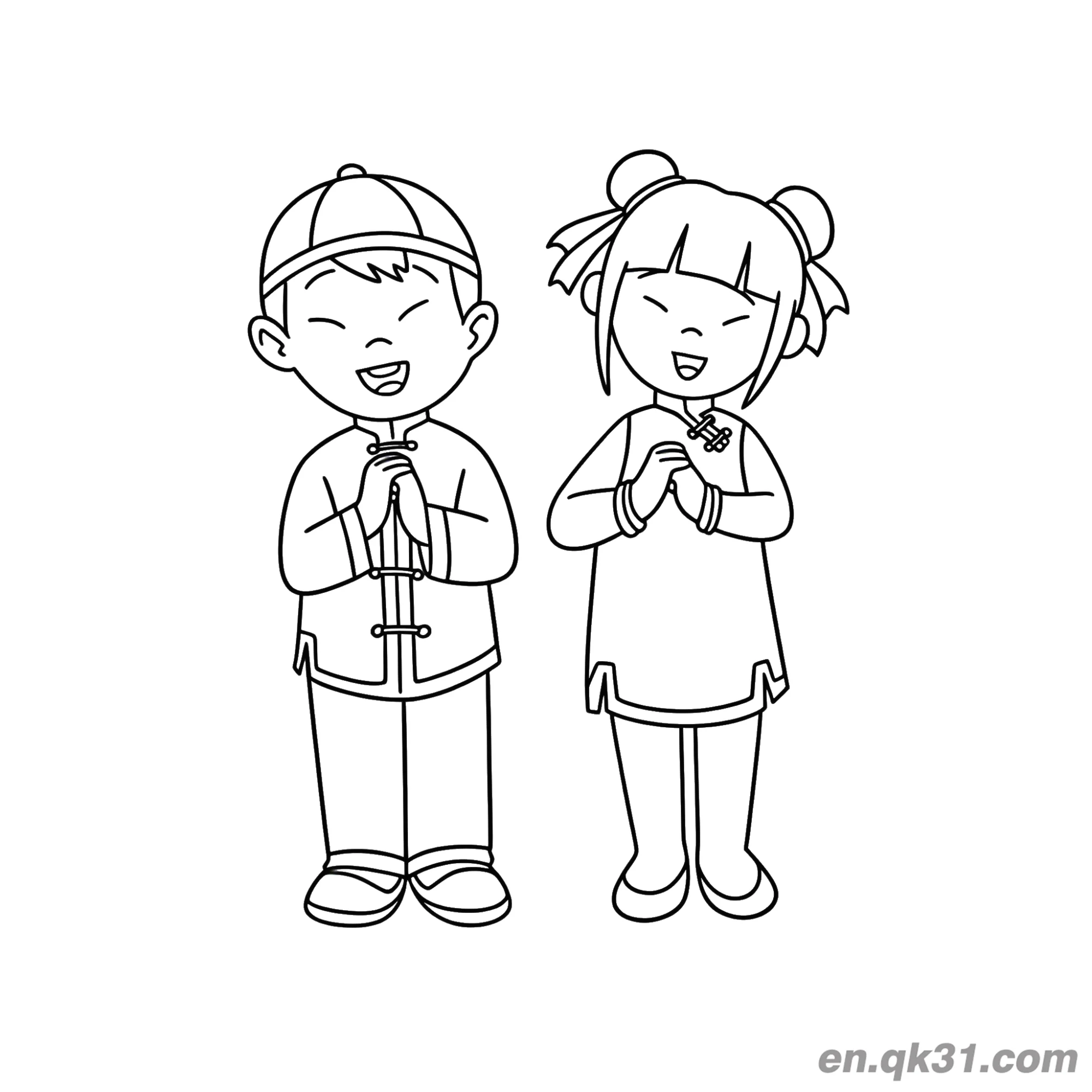 免费 中国新年涂色页：小孩穿传统服装做新年问候 简笔画涂色页