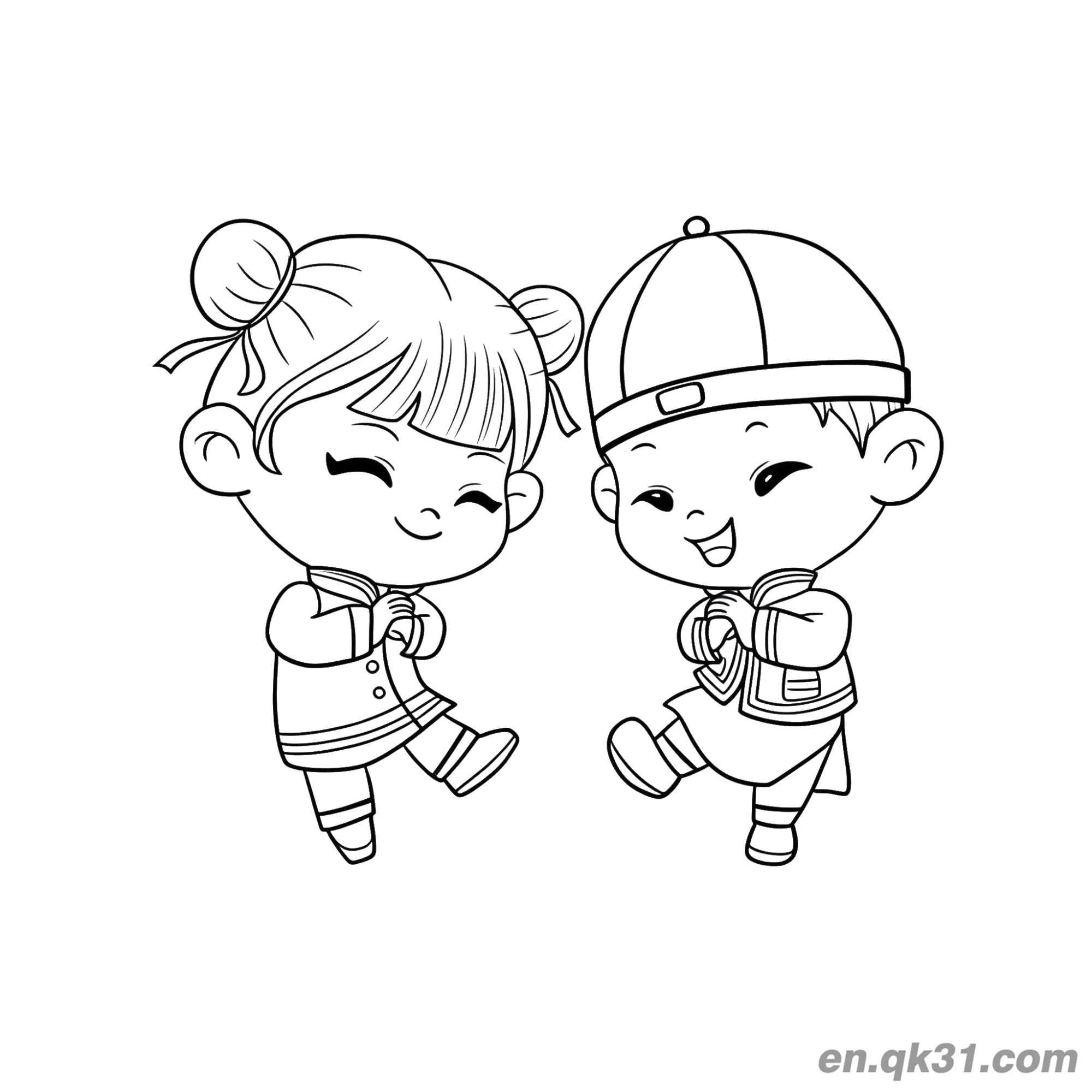 免费 中国新年涂色页：小孩做新年问候 简笔画涂色页