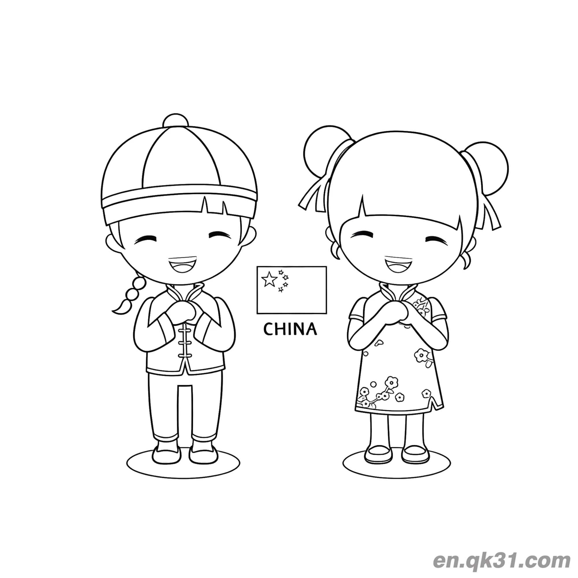 免费 中国新年涂色页：小孩问候和中国国旗 简笔画涂色页