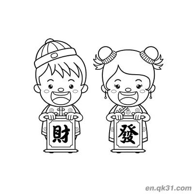 中国新年涂色页：小孩手持财和发标志 – 免费可打印简笔画涂色画
