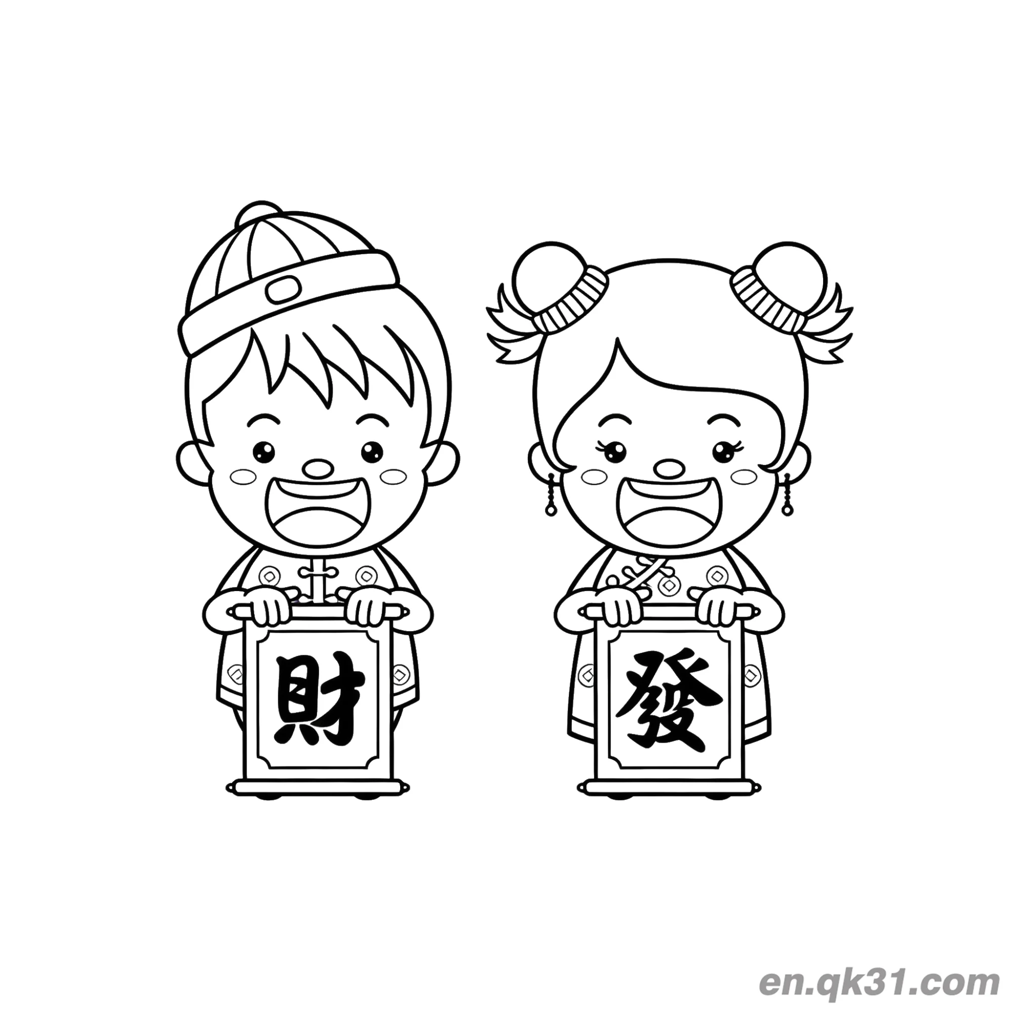 中国新年涂色页：小孩手持财和发标志简笔画涂色画 – 为儿童和成人提供的免费可打印简笔画涂色画