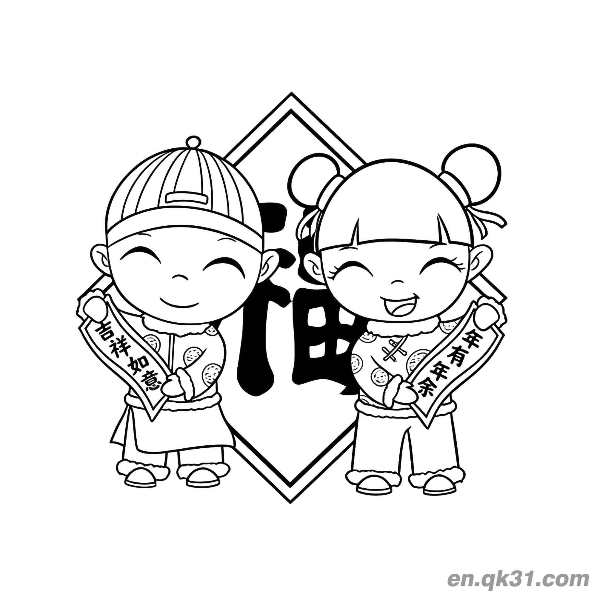 中国新年涂色页：小孩手持福字对联简笔画涂色画 – 为儿童和成人提供的免费可打印简笔画涂色画