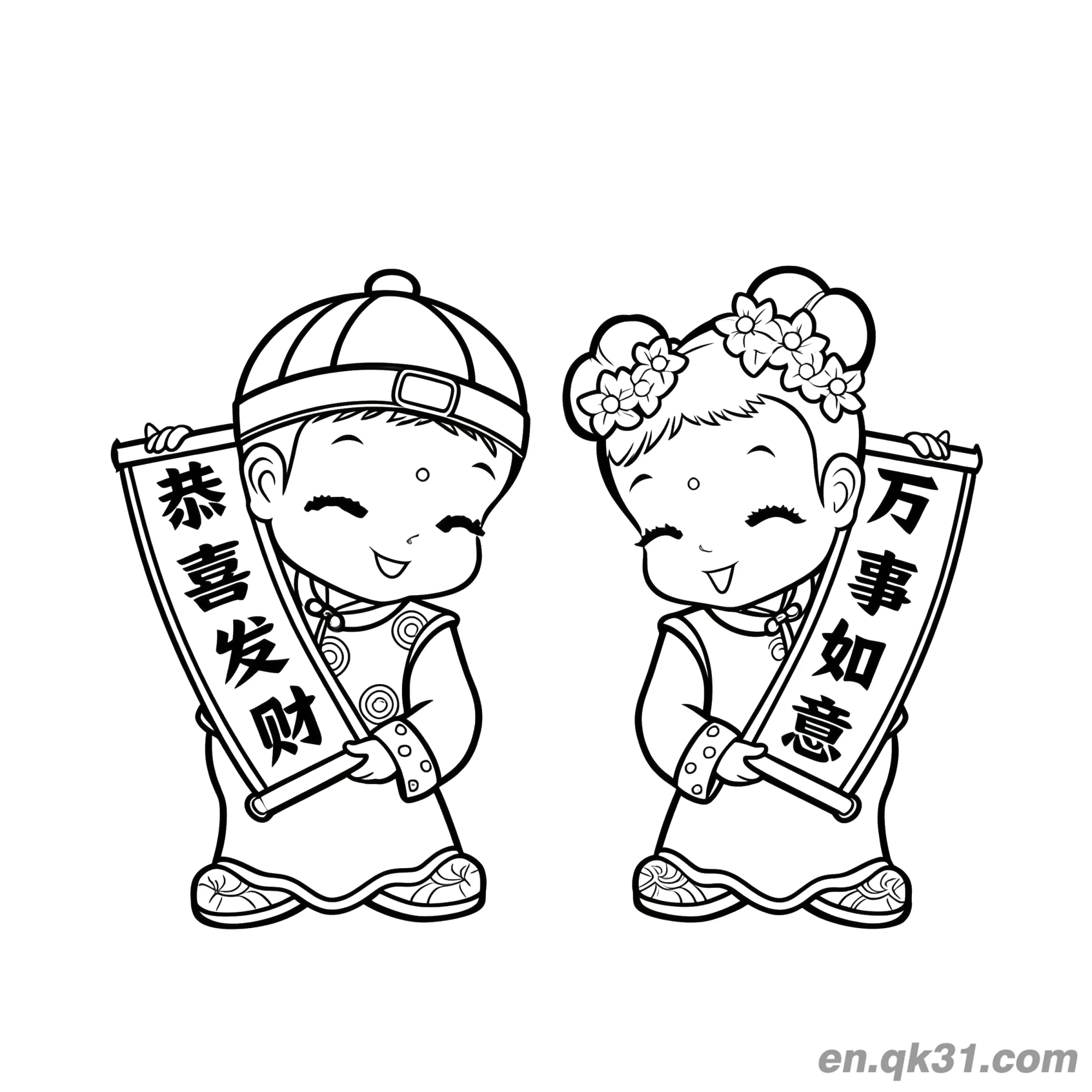 免费 中国新年涂色页：小孩手持恭喜发财和万事如意卷轴 简笔画涂色页
