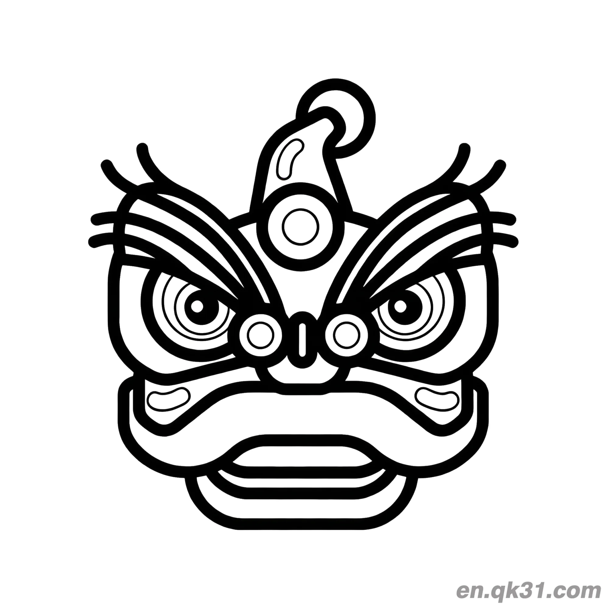 免费 中国新年涂色页：线条艺术舞狮头 简笔画涂色页