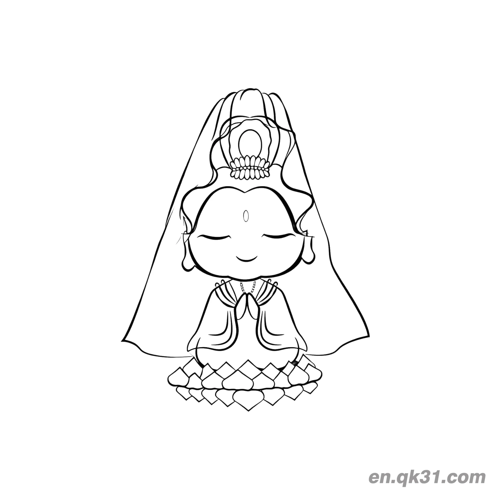 免费 中国新年涂色页：极简线条艺术观音坐莲花 简笔画涂色页