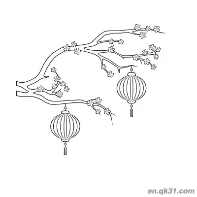 中国新年涂色页：梅花和灯笼 – 免费可打印简笔画涂色画