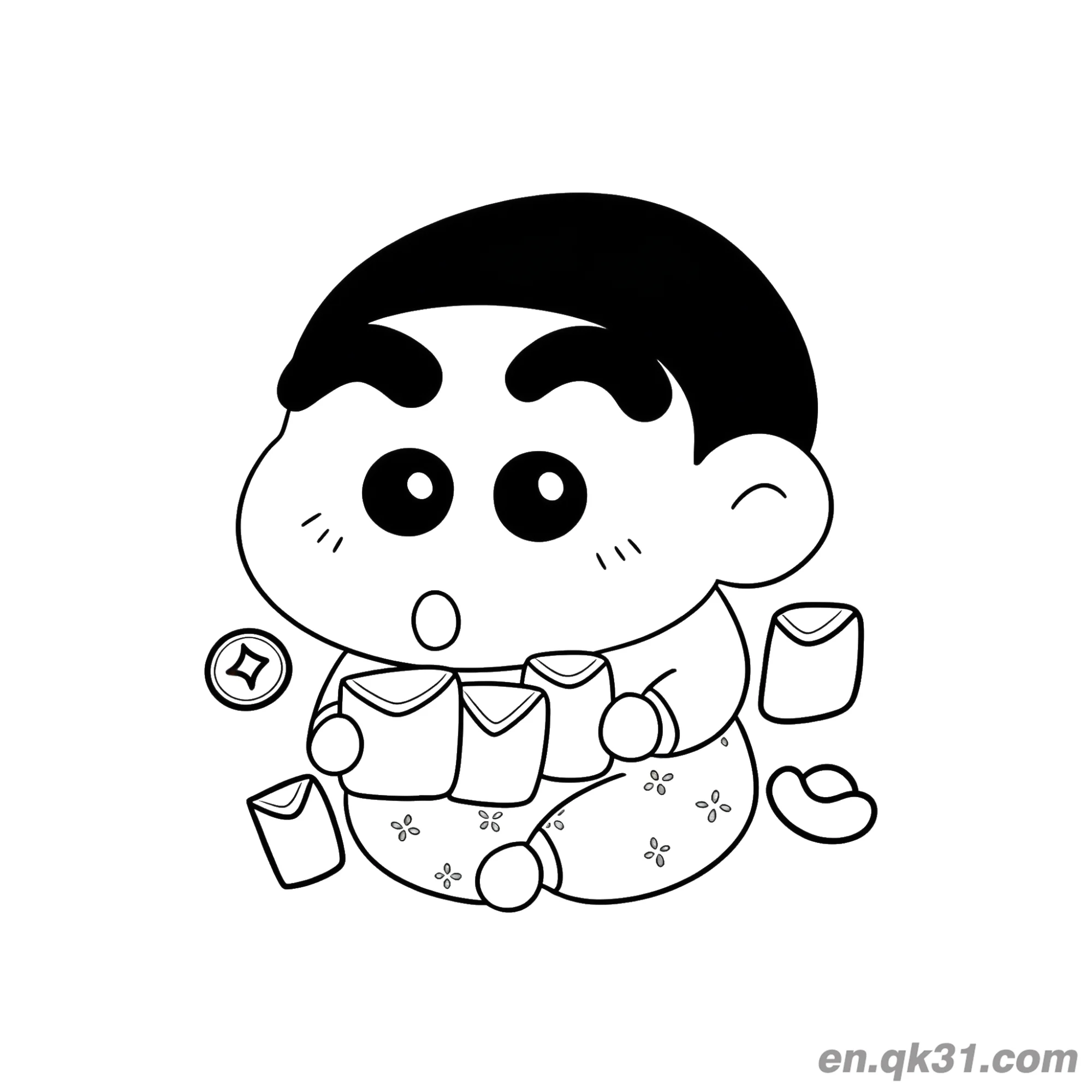 免费 中国新年涂色页：蜡笔小新手持红包 简笔画涂色页