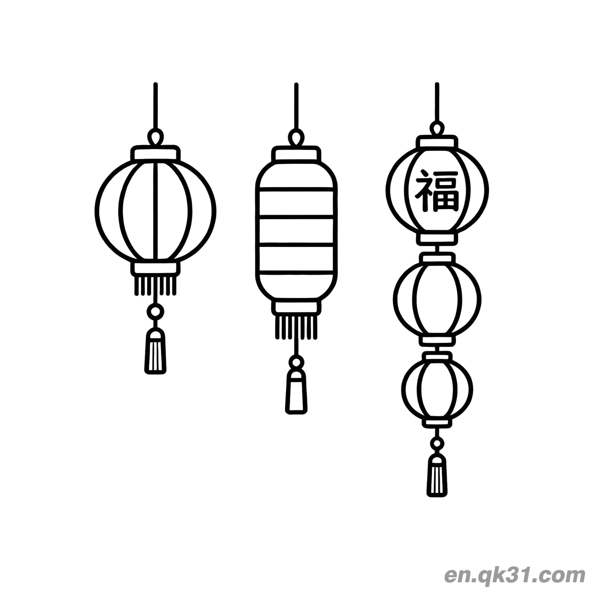 免费 中国新年涂色页：三种类型灯笼 简笔画涂色页