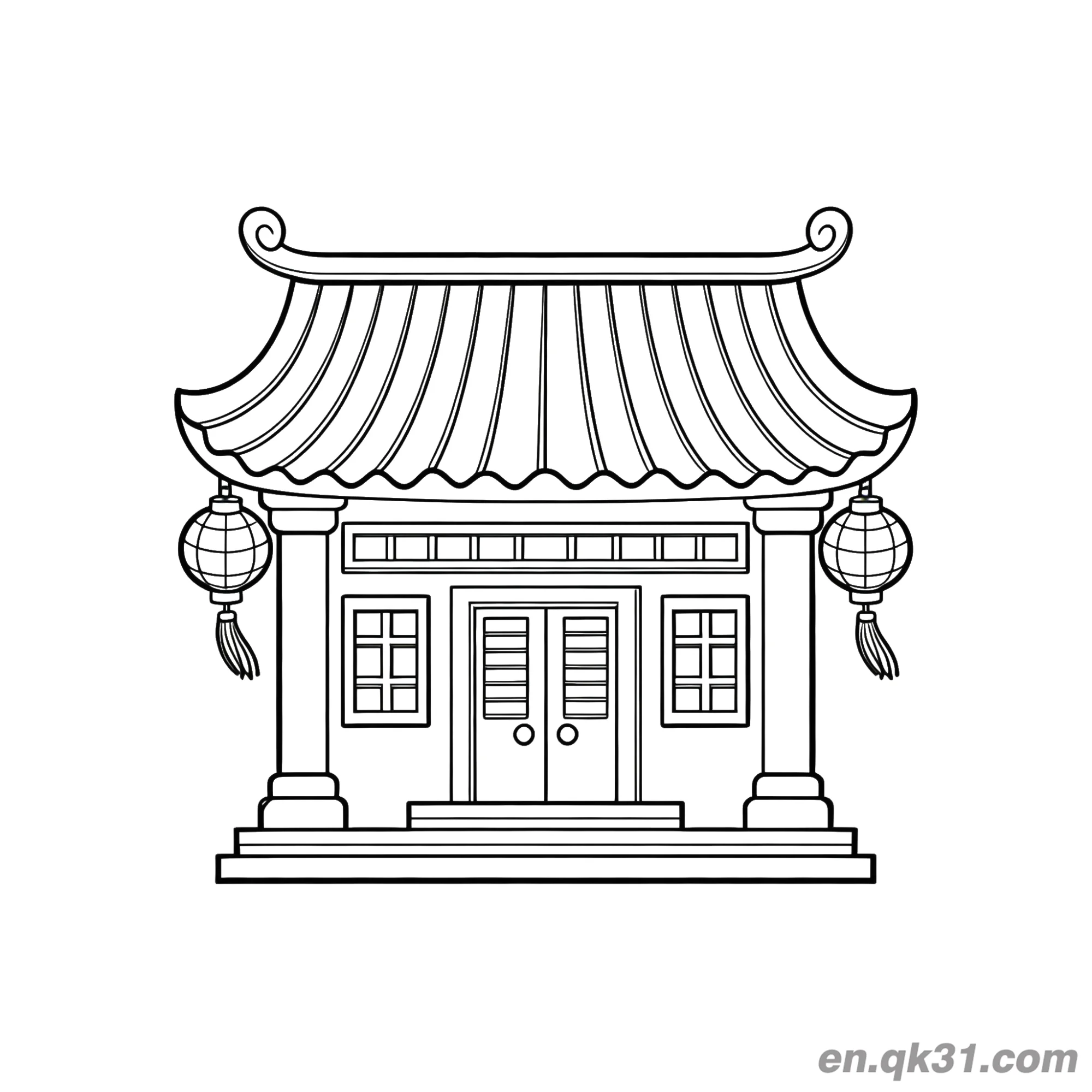 免费 中国新年涂色页：传统中国房屋和灯笼 简笔画涂色页