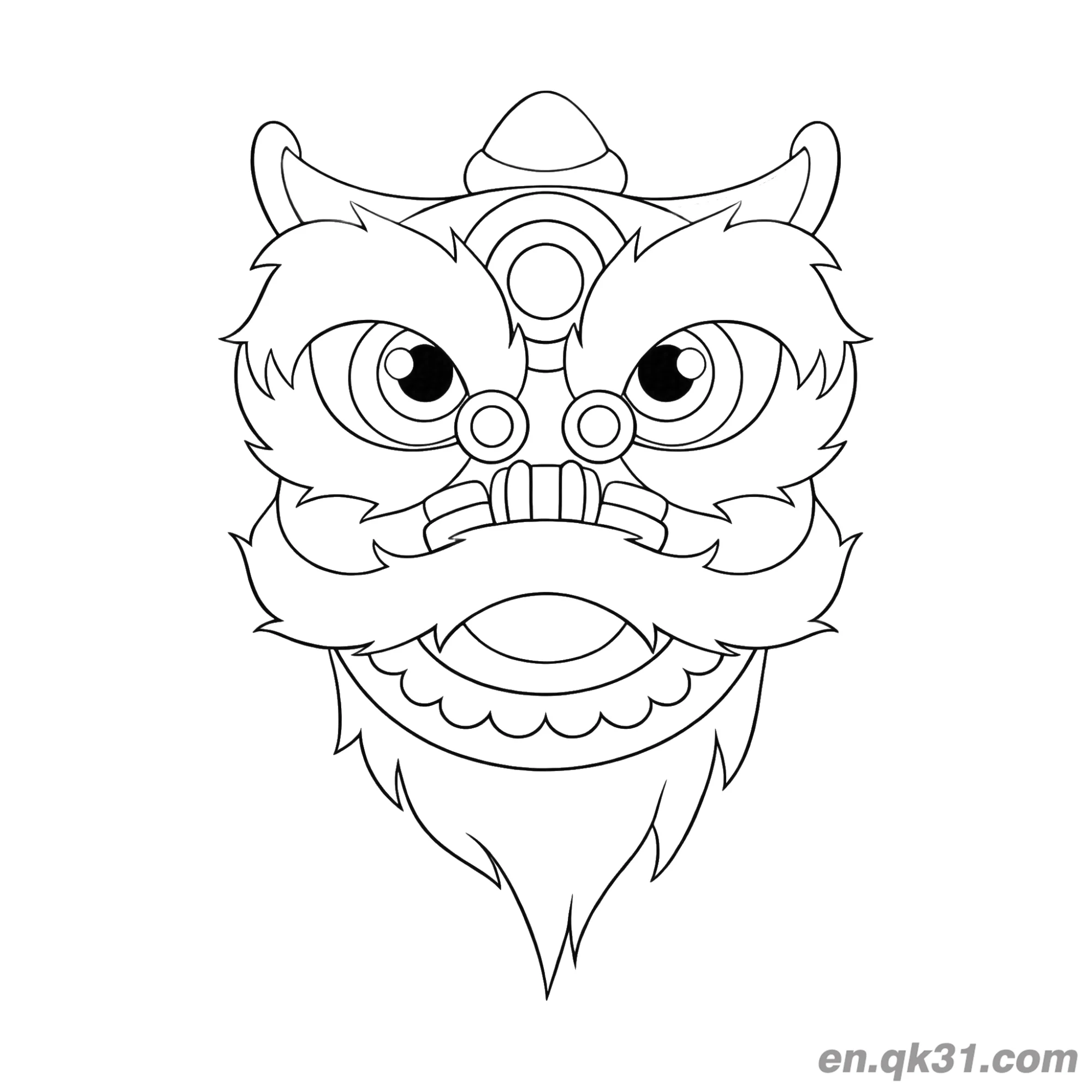 免费 中国新年涂色页：传统舞狮头 简笔画涂色页