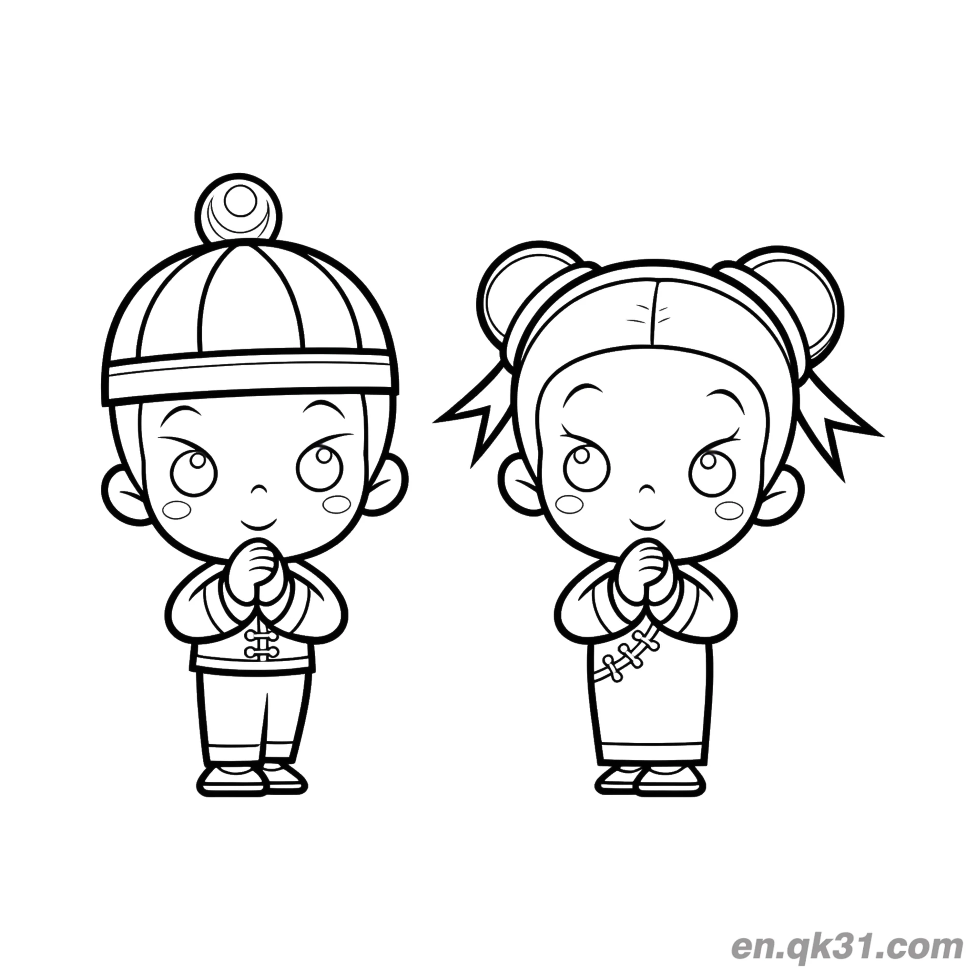 免费 中国新年涂色页：两个小孩穿传统服装问候 简笔画涂色页