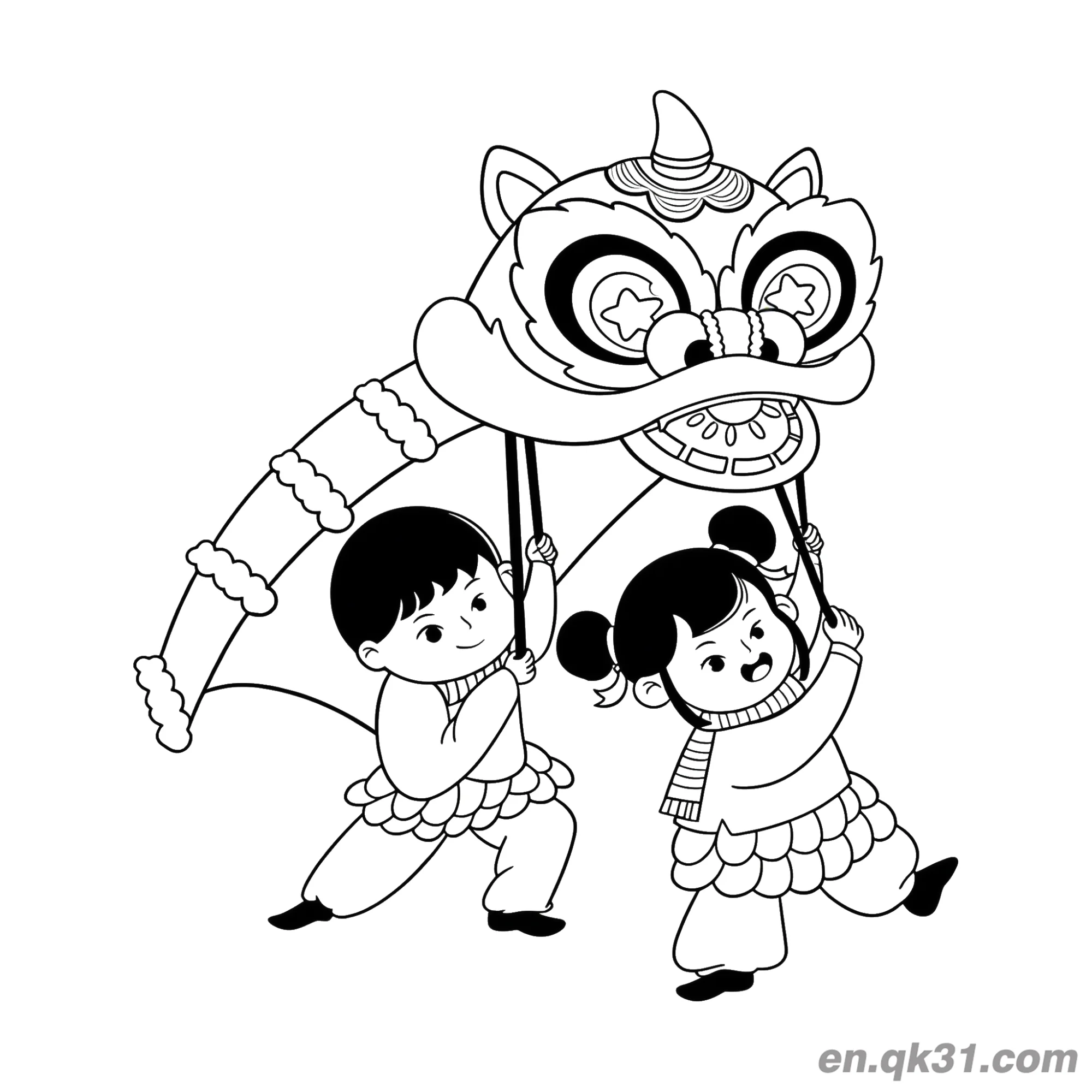免费 中国新年涂色页：两个小孩表演舞狮 简笔画涂色页