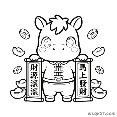 中国新年涂色页：马年和财富对联 – 免费可打印简笔画涂色画