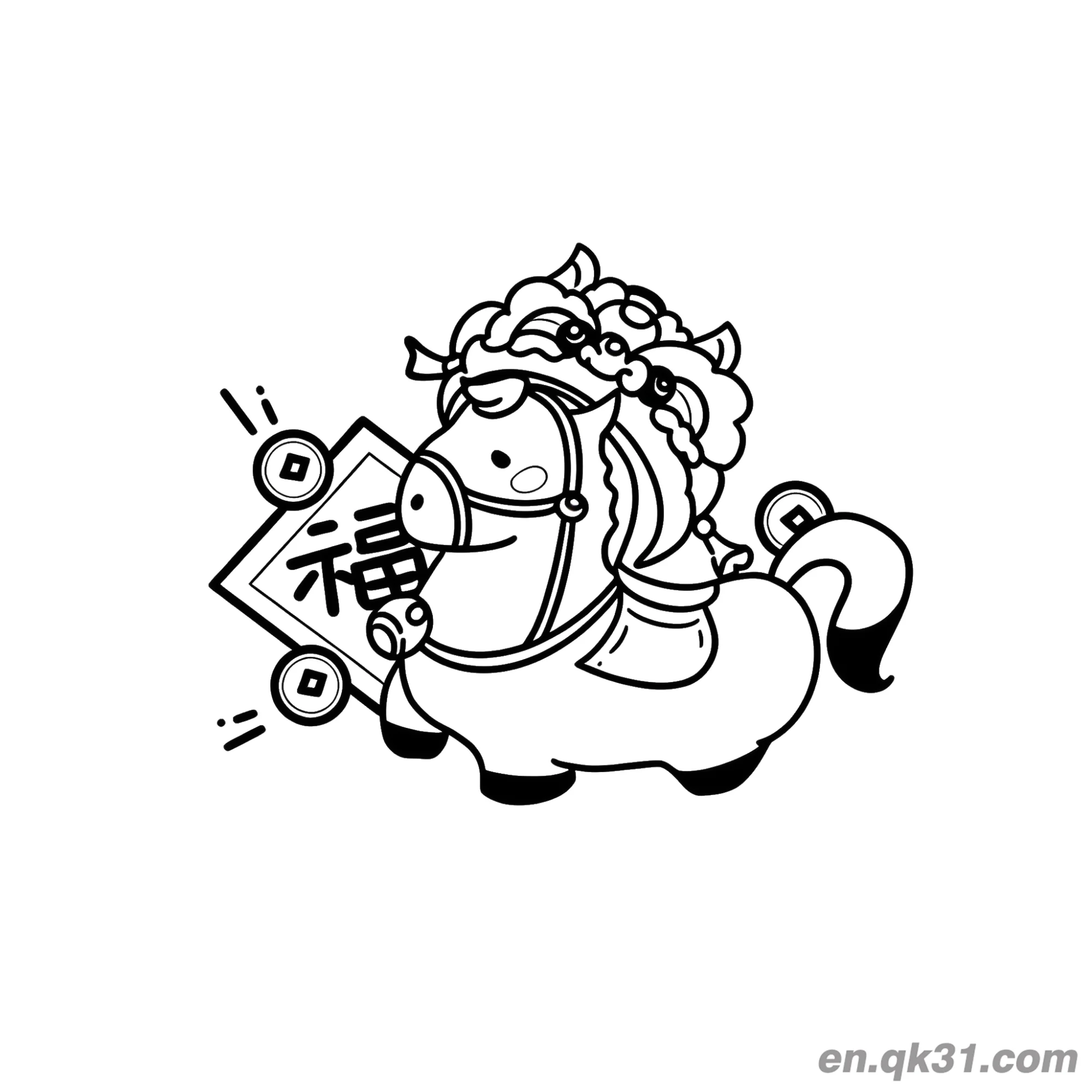 免费 中国新年涂色页：马年和福字 简笔画涂色页