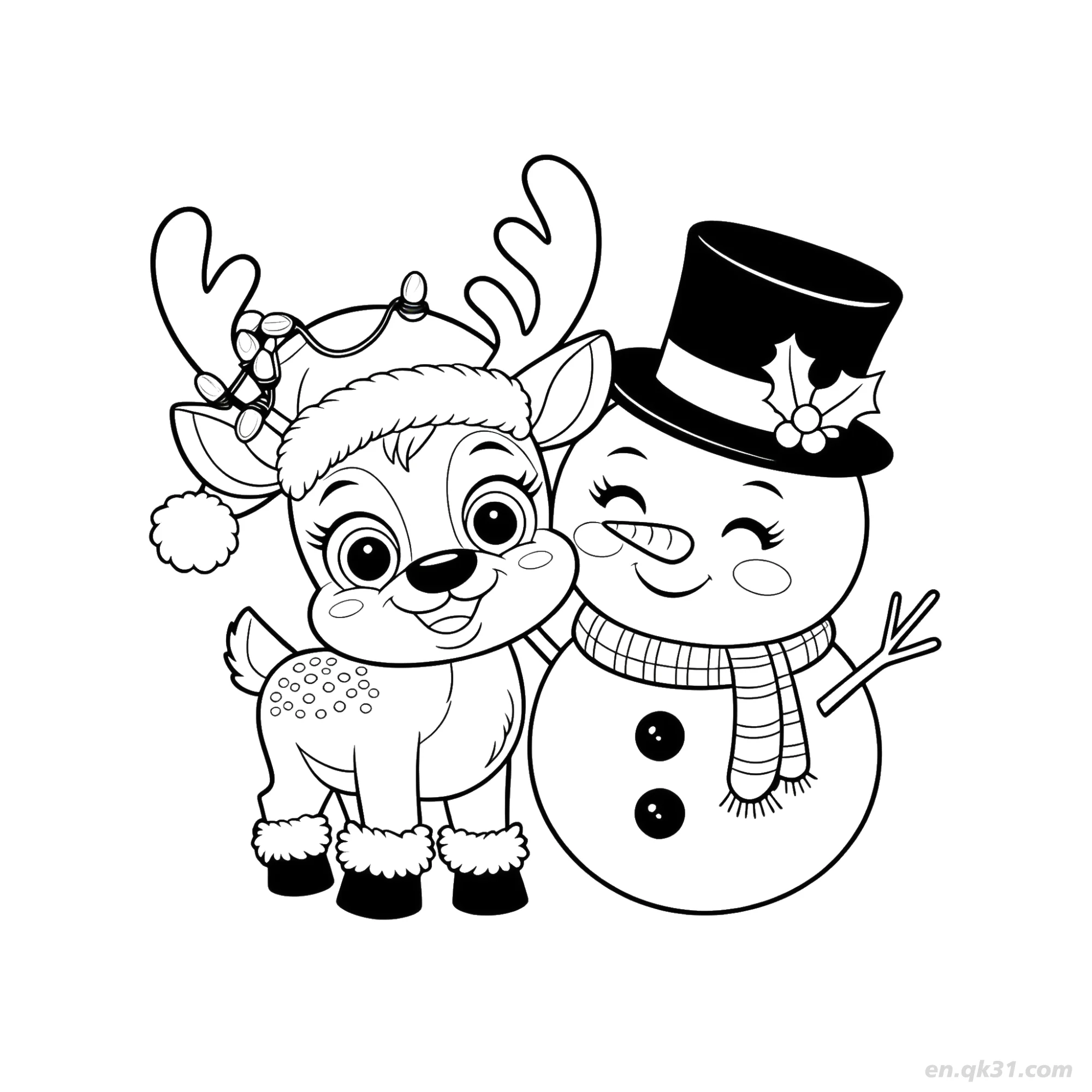 免费 雪人和驯鹿节日涂色页 简笔画涂色页