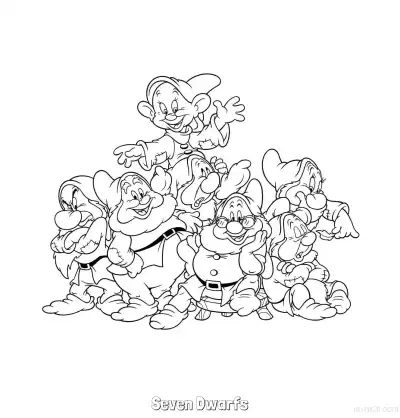 七个小矮人开心合影简笔画涂色页 – 免费可打印简笔画涂色画