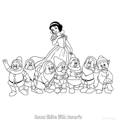 白雪公主带领七个小矮人简笔画涂色页 – 免费可打印简笔画涂色画