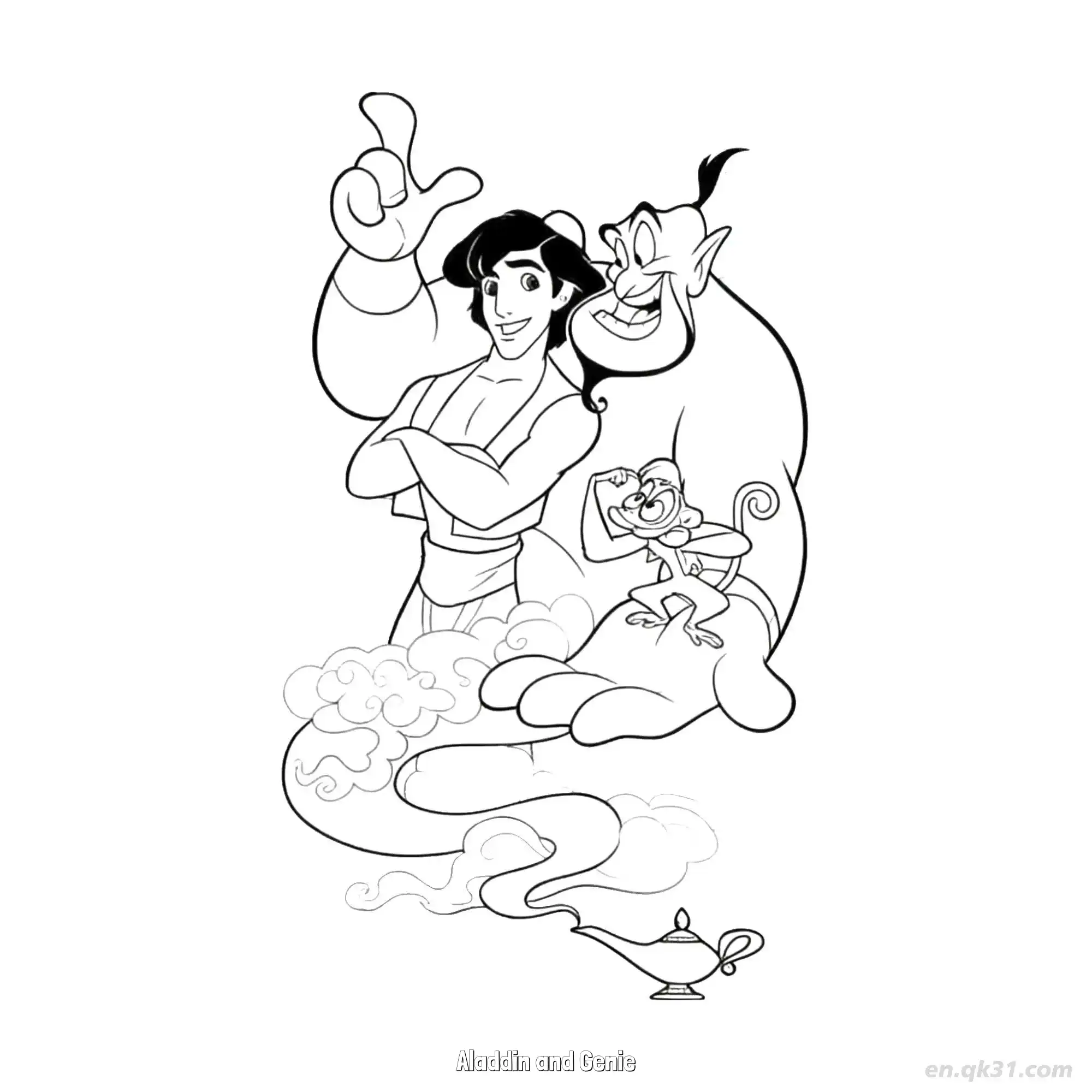 免费 阿拉丁与精灵及阿布全家福涂色页 简笔画涂色页