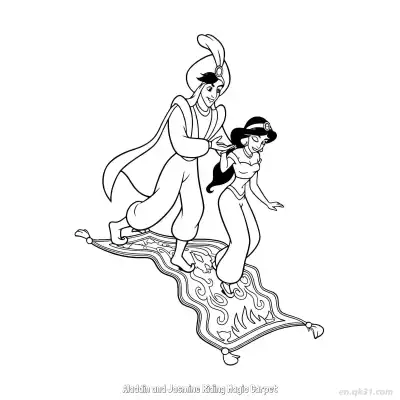 阿拉丁与茉莉公主飞毯漫游涂色页 – 免费可打印简笔画涂色画