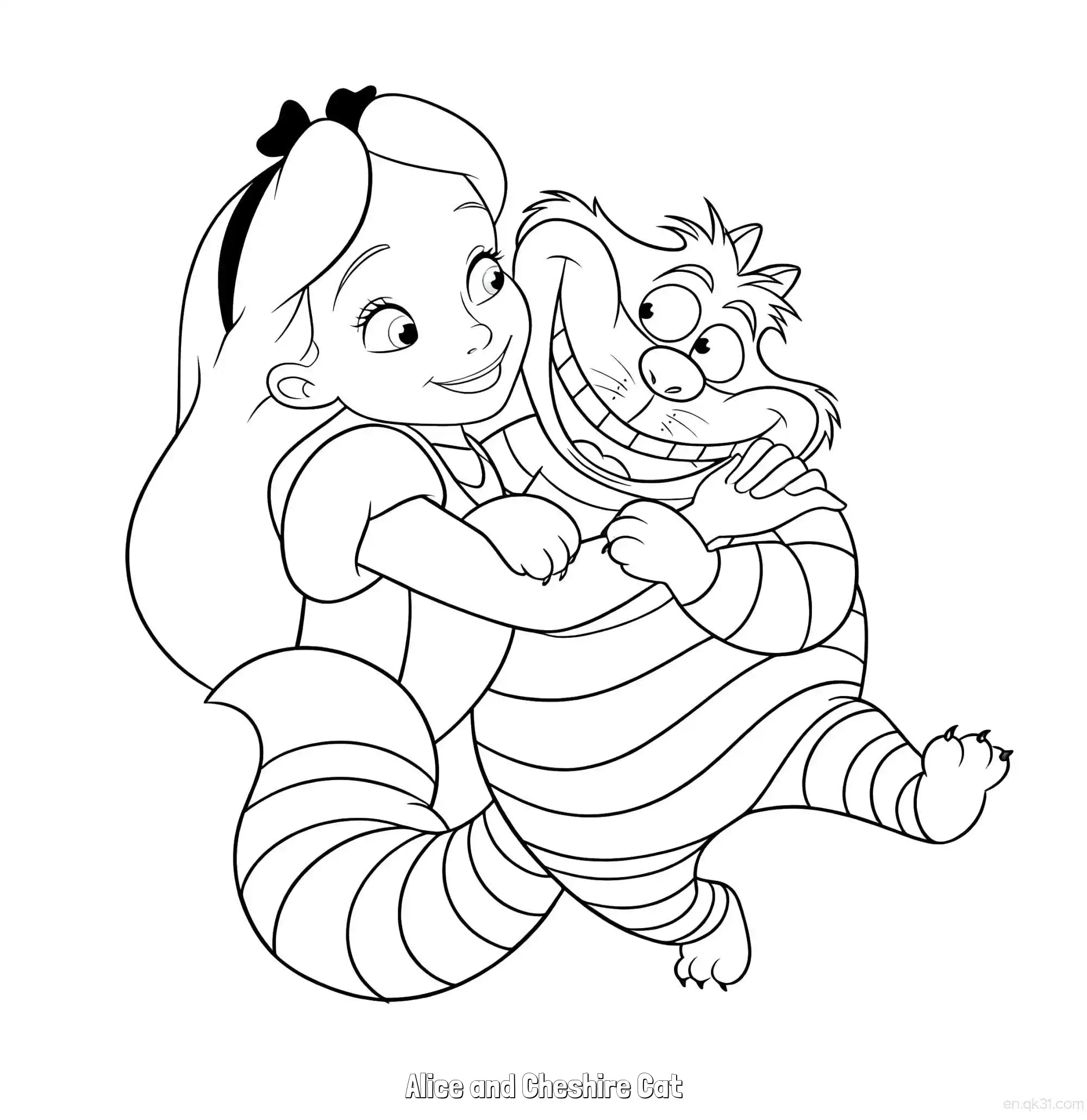 免费 爱丽丝和柴郡猫 简笔画 素描 涂鸦 - 免费可打印爱丽丝梦游仙境 下载PDF 简笔画涂色页
