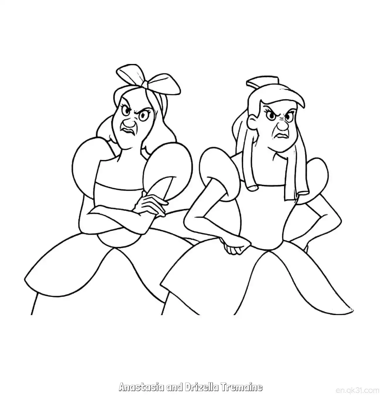 免费 灰姑娘中安泰西亚和崔西里亚生气简笔画涂色页 简笔画涂色页