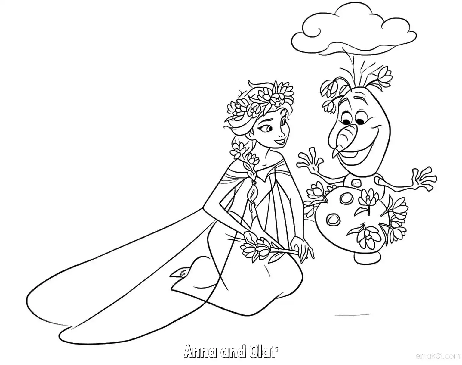 免费 安娜与雪宝春季花朵涂色页 简笔画涂色页