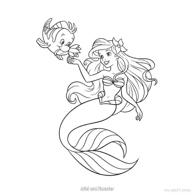爱丽儿和小比目鱼 3简笔画 素描 涂鸦 - 免费可打印迪士尼 小美人鱼 下载PDF – 免费可打印简笔画涂色画